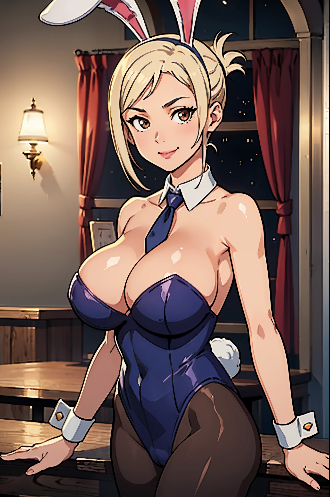 (masterpiece, official art), 1girls, solo, white hair, brown eyes, short messy hair, battle bunny riven \(league_of_legends\), (strapless leotard, pantyhose, rabbit ears, folded ponytail, necktie, wrist cuffs), (closeup), portrait, (huge breasts), (at bar, indoors, at night), looking at viewer, (upper body), smile, seductive, alluring attire, curvy, muscular female, abs, (opll)