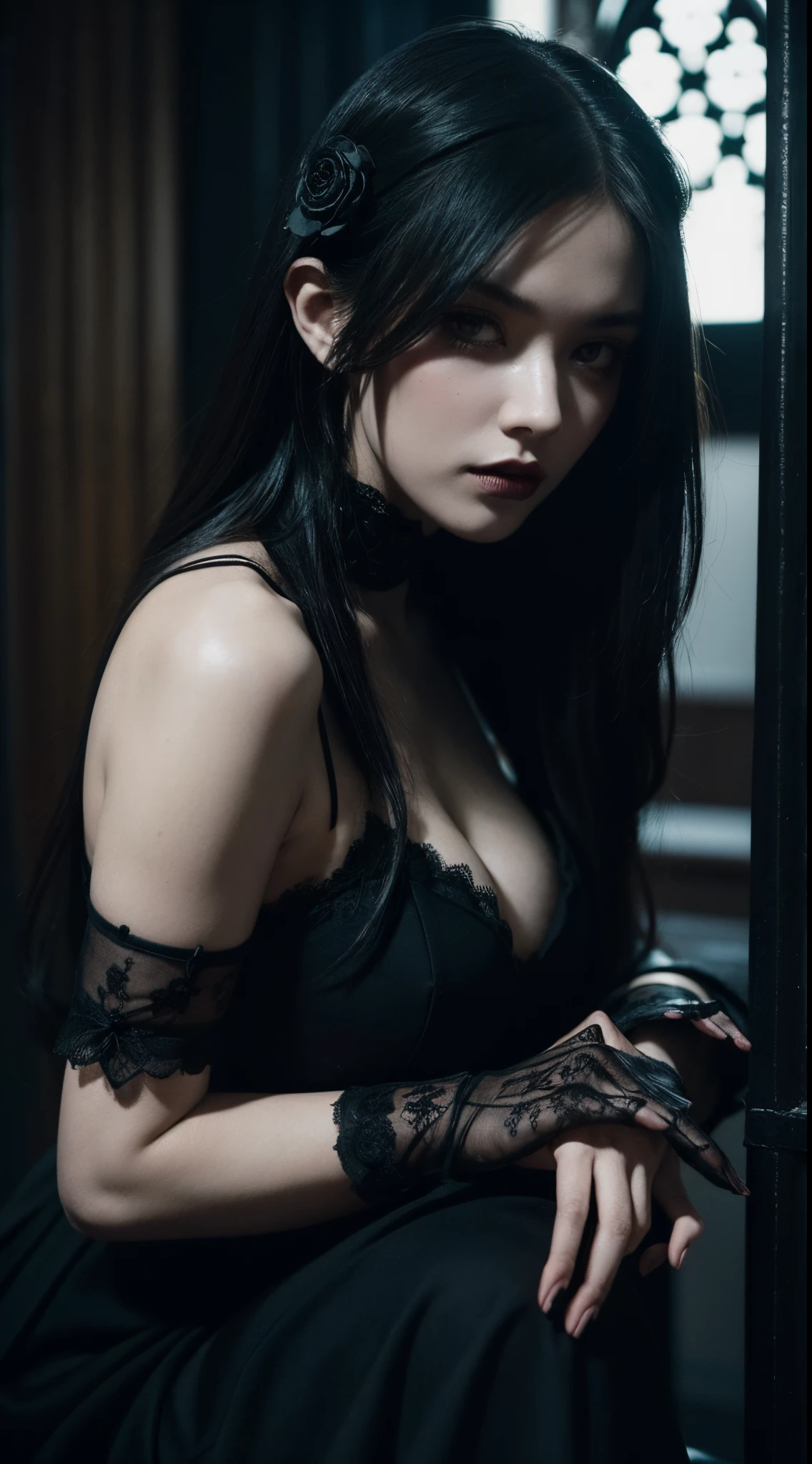 Create a captivating image of a beautiful woman immersed in a gothic theme. Envision her in a mysterious pose, surrounded by atmospheric lighting, shadowy details, and intricate facial expressions. Emphasize the dark allure with elements like gothic attire, moody cinematic lighting, and expressive eyes. Use techniques such as depth of field and subtle contrast to enhance the dramatic atmosphere. Describe her clothing in a way that resonates with the gothic aesthetic, incorporating details like lace, dark fabrics, and unique accessories. Craft a composition that seamlessly blends beauty with the enigmatic charm of the gothic theme.