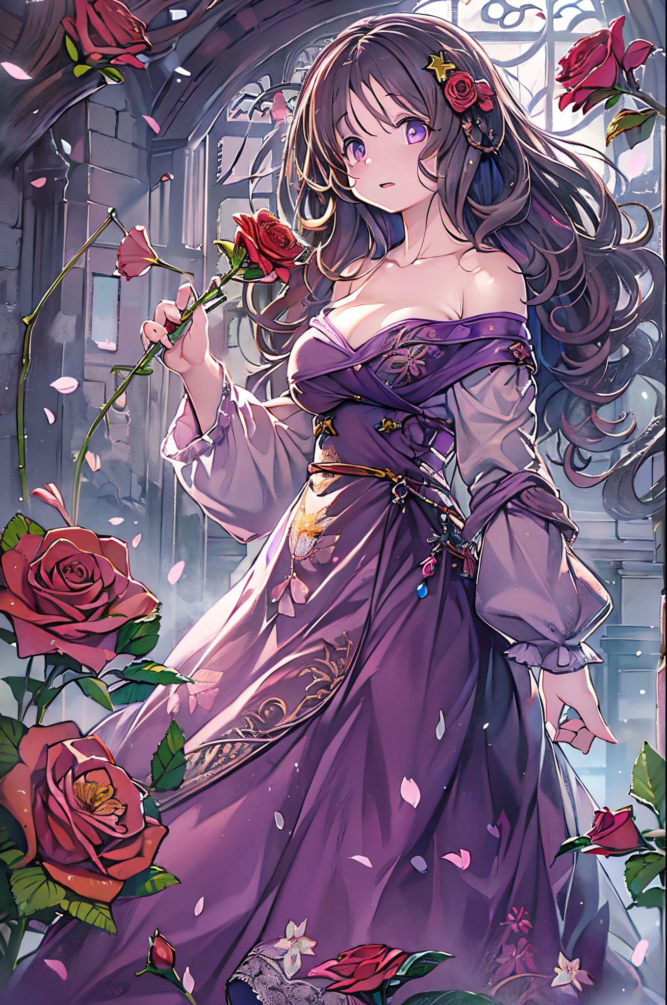 Detailed background, masutepiece, Best Quality, 1 person , Curly hair, Long hair, Purple eyes, Stars in the eyes , Strapless blouse, long skirt、huge-breasted、Dozen Rose、holding a rose flower