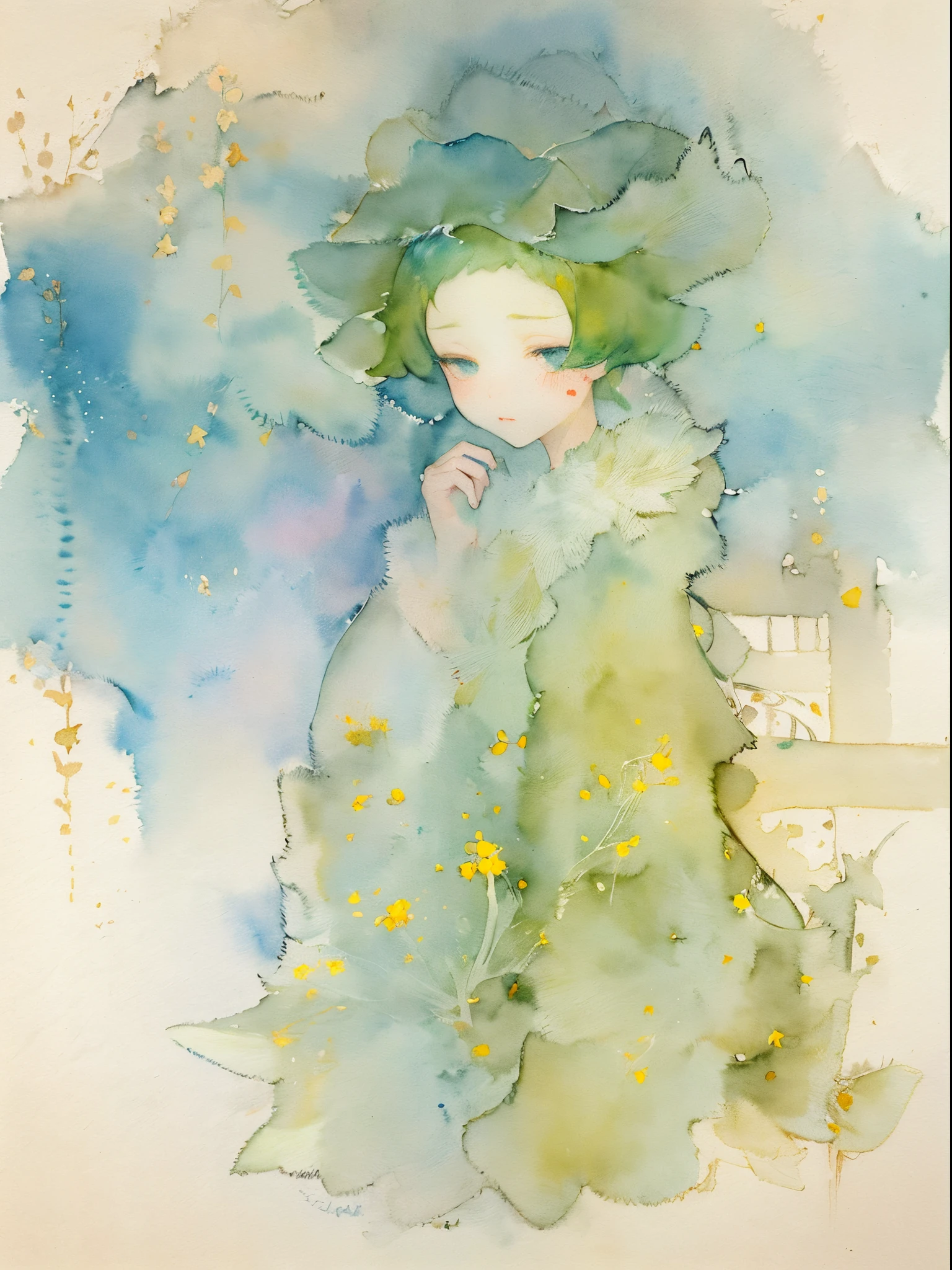 Christmas(kawaii world)(James McNeill Whistler)(Color pattern:aquamarine ,pale goldenrod,berry)(Ink on Japanese paper, which tends to bleed easily)(contemporary art like a picture book) (transparent watercolor) (light itself expressed as real) (layers of soft, rich colors) (shades of paint dissolved thinly with water) (deep, delicate colors)