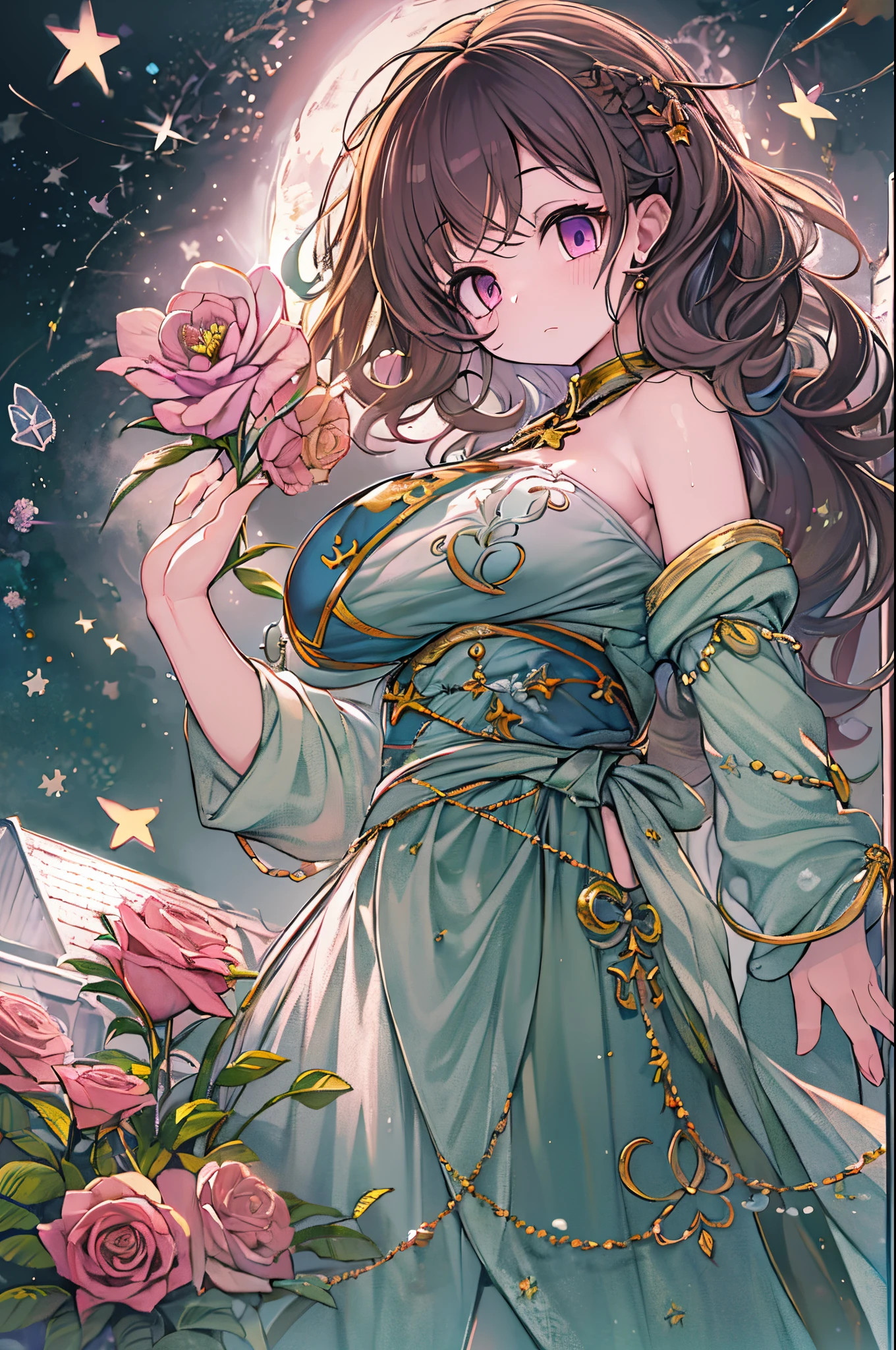 Detailed background, masutepiece, Best Quality, 1 person , Curly hair, Long hair, Purple eyes, Stars in the eyes , Strapless blouse, long skirt、huge-breasted、Dozen Rose、holding a rose flower