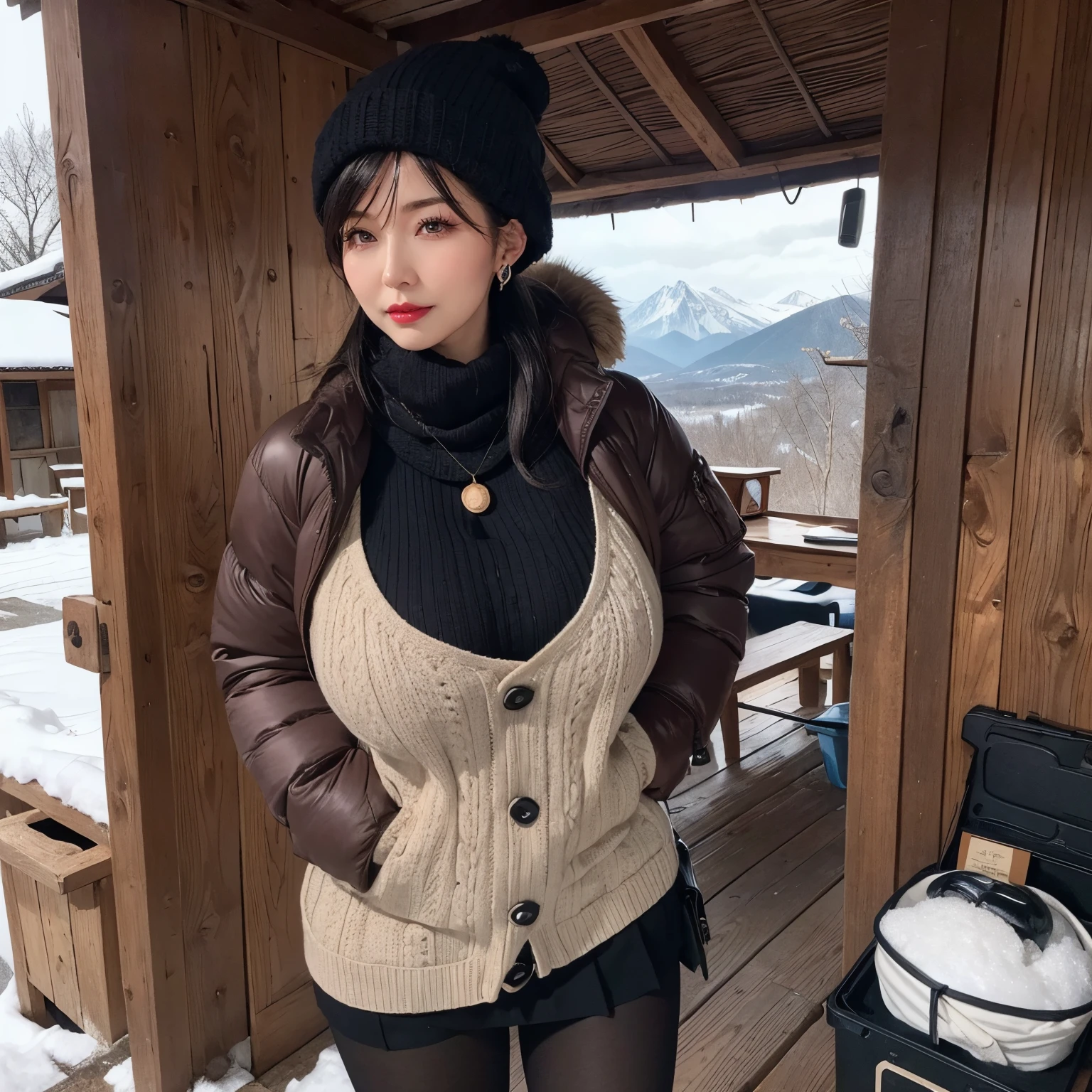 (masutepiece:1.1, Best Quality:1.1, 16K HDR, High resolution), (1girl in, 1 elderly person), (Super beautiful mature Japanese woman, Older, A MILF), (Black hair, Knitted Cap:1.3), (Snow globe, rucksack, Winter scarves, turtle necked sweater, Down jacket, puffer jacket, Mini skirt, Black pantyhose, Mountain boots, earrings), gigantic cleavage, Colossal tits, Huge boobs, huge-breasted, walk beside a small hut, wooden hut without windows, snow mountains, (Perfect slim body:1.1), hyperdetailed face, Detailed eyes, Realistic skin texture,