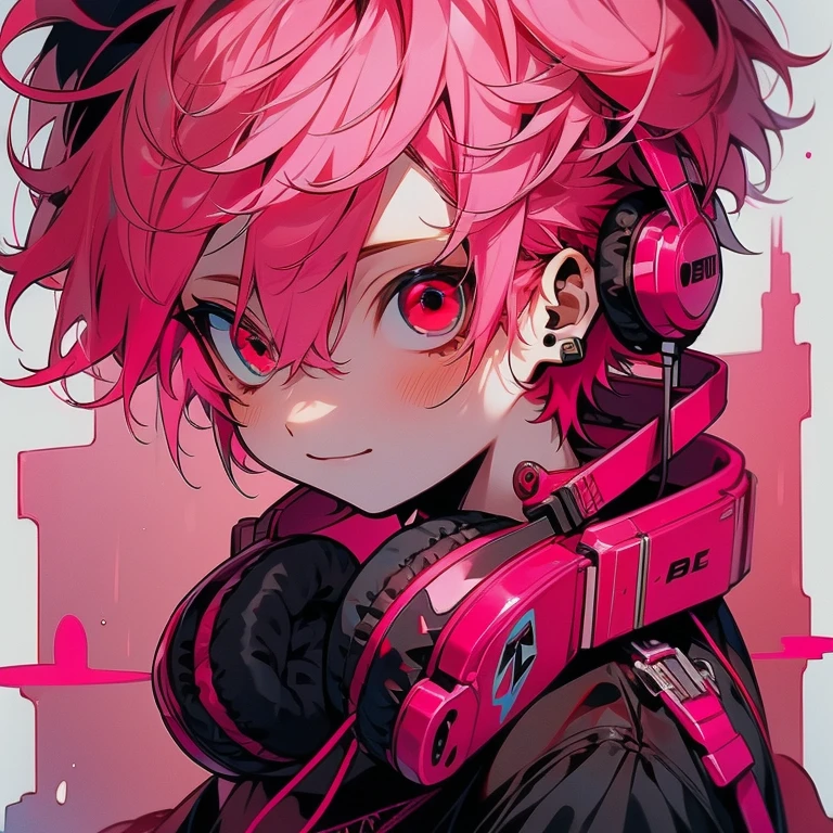 (Two-block hair), (Pink hair), (head phone), (male character), (red eyes), (a smile)