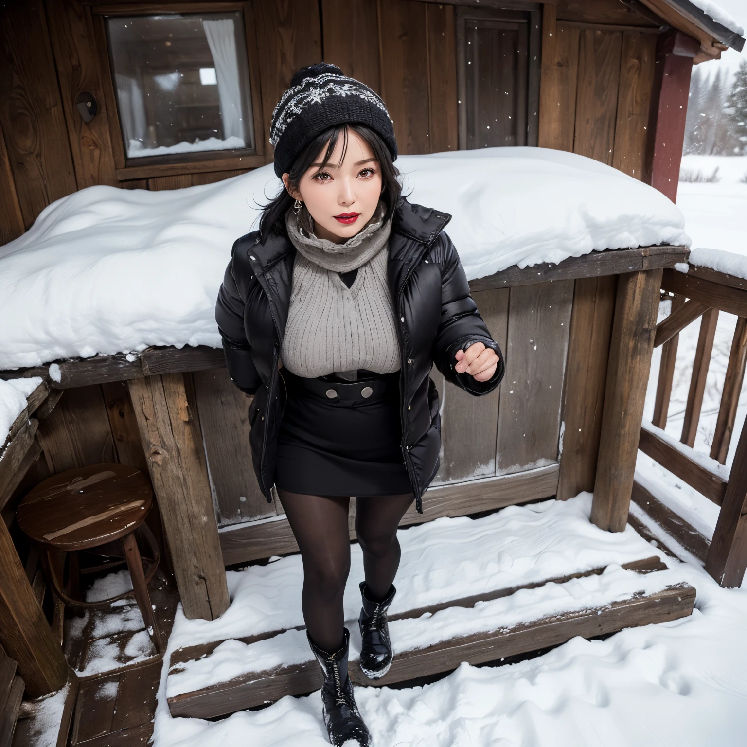 (masutepiece:1.1, Best Quality:1.1, 16K HDR, High resolution), (1girl in, 1 elderly person), (Super beautiful mature Japanese woman, Older, A MILF), (Black hair, Knitted Cap:1.3), (Snow globe, rucksack, Winter scarves, turtle necked sweater, Down jacket, puffer jacket, Mini skirt, Black pantyhose, Mountain boots, earrings), gigantic cleavage, Colossal tits, Huge boobs, huge-breasted, walk beside a small hut, wooden hut without windows, snow mountains, (Perfect slim body:1.1), hyperdetailed face, Detailed eyes, Realistic skin texture,