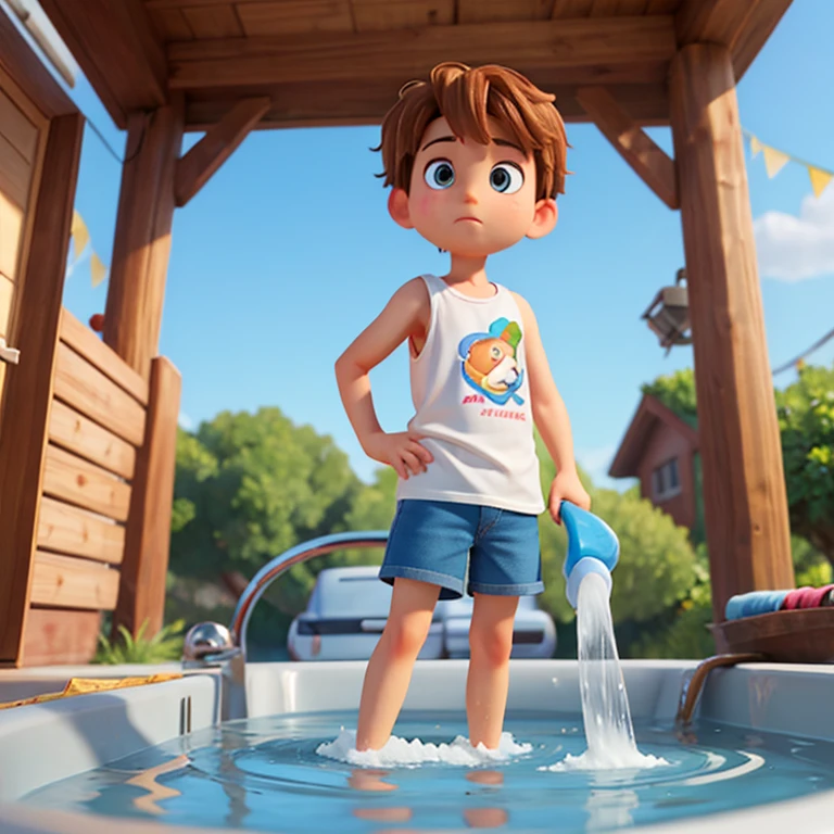 ((best quality)), ((masterpiece)), (detailed), cartoon white  boy with brown eyes and short auburn hair wearing a tank top and shorts  washing a car with soap bubbles, movie still, disney pixar movie still, animated film, animated movie, still from a 2015 pixar movie, short curly blonde haired girl, animated movie scene, still from pixar movie, key still, still from the pixar movie, kids movie, still from a pixar movie cartoon little 