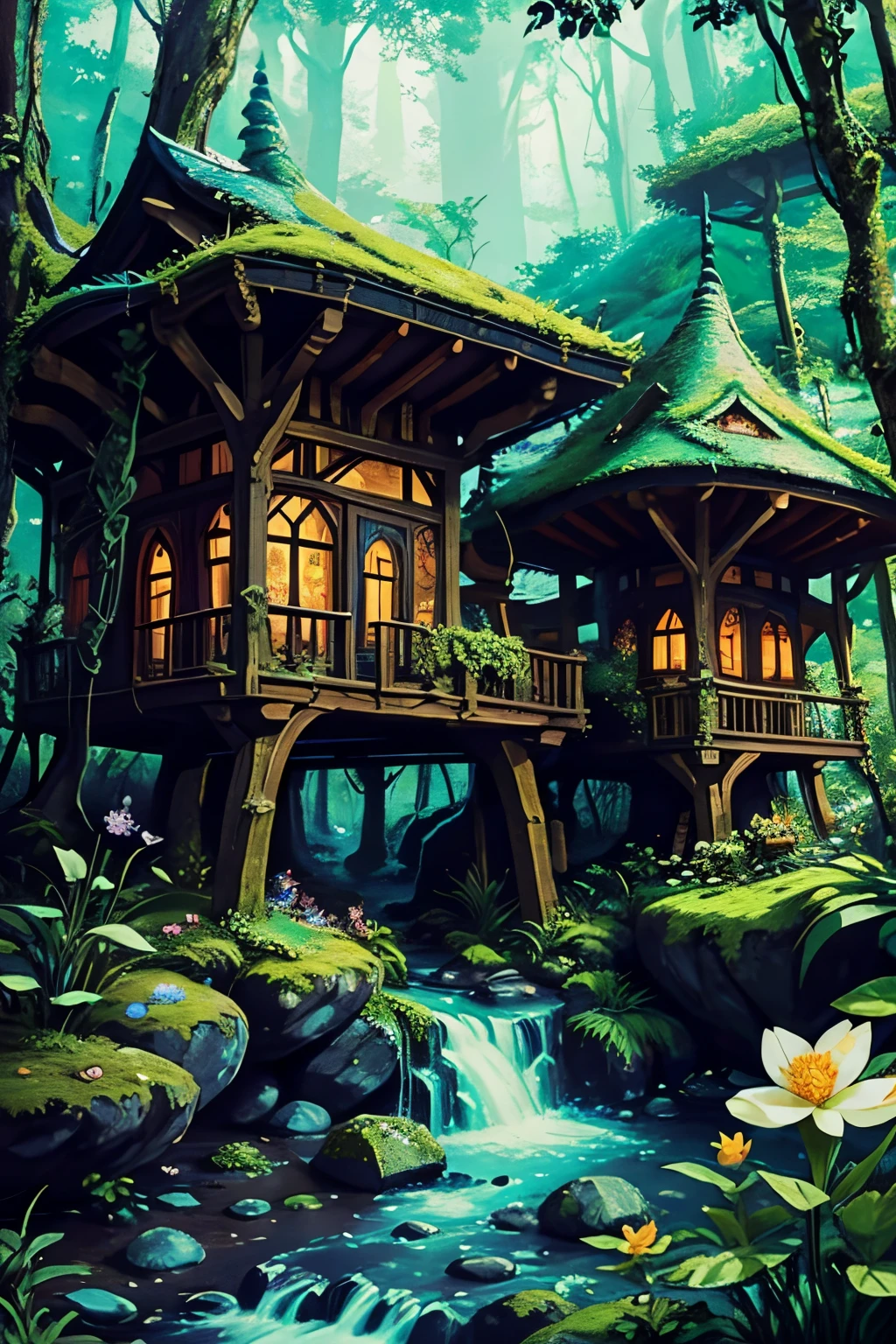 A fairy village in a magical forest, with enchanting forest dwellings, sparkling pixie dust, shimmering wings, and vibrant flora. The village is surrounded by towering trees, their branches intertwined to form a lush canopy overhead. The mushroom-shaped houses are adorned with delicate flower petals, twinkling lights, and intricate wood carvings. The fairies have colorful, iridescent wings that shimmer in the sunlight, and they can be seen gliding gracefully through the air. The air is filled with the soft melody of birdsong and the laughter of the fairies. The forest is alive with vibrant colors, with flowers blooming in all shades of the rainbow, and moss-covered rocks and streams adding to the magical atmosphere. The sunlight filters through the leaves, casting beautiful dappled patterns on the forest floor. The overall image quality should be at its best with high resolution and extreme detail to capture the intricate beauty of the fairy village and its surroundings. The colors should be vivid and the lighting should exude a soft, ethereal glow.