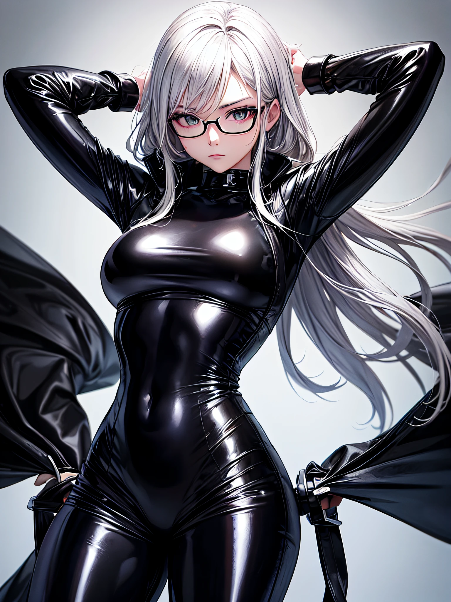 8K UHD、A beautiful woman with medium-length silver hair wearing glasses and a latex sweatsuit is posing for a gravure photoshoot.、Shiny latex sweatsuit with hidden skin、Upper Body Up、 there is a woman in a black dress posing for a picture, Wearing latex costumes, wearing black latex outfit, sexy dress, shiny black dress, black leather slim clothes