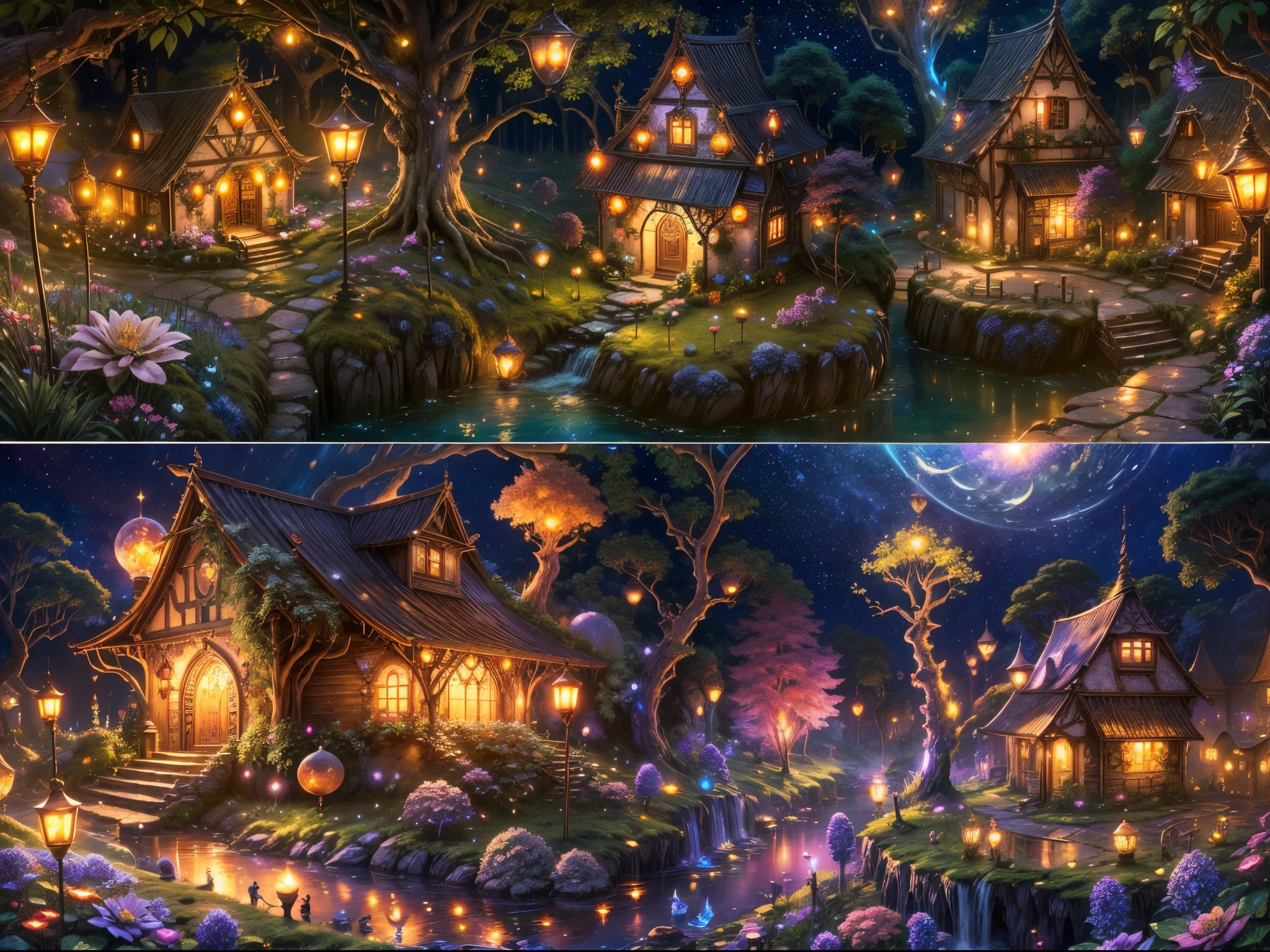 (best quality,4k,8k,highres,masterpiece:1.2),ultra-detailed,(realistic,photorealistic,photo-realistic:1.37),a magical fairy village,colorful mushroom houses,enchanting lights,fluttering butterflies and fireflies,vibrant and vivid colors,fairy tale atmosphere,soft and warm lighting,whimsical and fantastical scenery,detailed textures and patterns,ethereal and mystical ambiance,sparkling and glowing elements,serene and peaceful surroundings,rich and lush vegetation,magical plants and flowers,magical creatures and animals,magical waterfalls and streams,tranquil and clear sky,spellbinding and captivating view,magical moonlit night,magical fog and mist,enchanted sounds of nature,enchanted pathways and walkways,hidden secrets and surprises around every corner,fairy dust and magic in the air,dream-like and surreal atmosphere,enchanting and whimsical music,fairy queen and her royal court,fairy houses decorated with flowers and vines,glowing lanterns and fairy lights,playful and mischievous fairies,dancing and twirling fireflies among the trees,magical reflections in the water,entrancing and mesmerizing energy,peaceful and serene fairy village in the evening light,colorful and lively celebrations and festivals,iridescent and shimmering wings of the fairies,magical potions and spell books,fairy tale characters and stories coming to life,enchanting bridges and arches made of vines and flowers,magical crystals and gemstones,whispering trees and talking animals,sunlit meadows and blooming fields,fantastic and otherworldly architecture,magical fountains and ponds with vibrant fish,harmony and balance in nature,mysterious and alluring atmosphere,enchanted forest surrounding the village,fairy folk and their daily activities,sparkling and twinkling stars in the night sky,fairy blessings and wishes granted,magical gateway to other realms,mystical and ancient tree of wisdom,glimmering and dreamy sunset over the village,