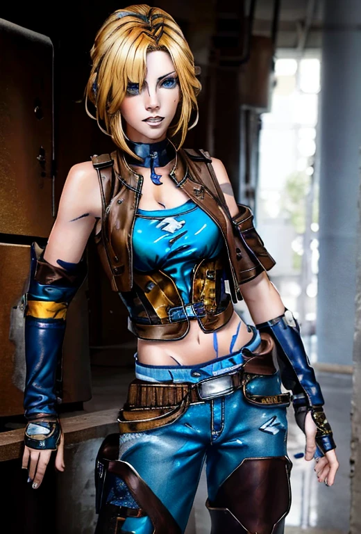Masterpiece , 1FEMALE , tall , solo , short blonde hair with brown roots showing , blue eyes , wearing a brown leather jacket with a white shirt underneath , dark blue jeans , tall black boots , black fingerless gloves , silver necklace with a yellow crystal attached to it , chest straps , gun holder on left thigh , looking at the viewer