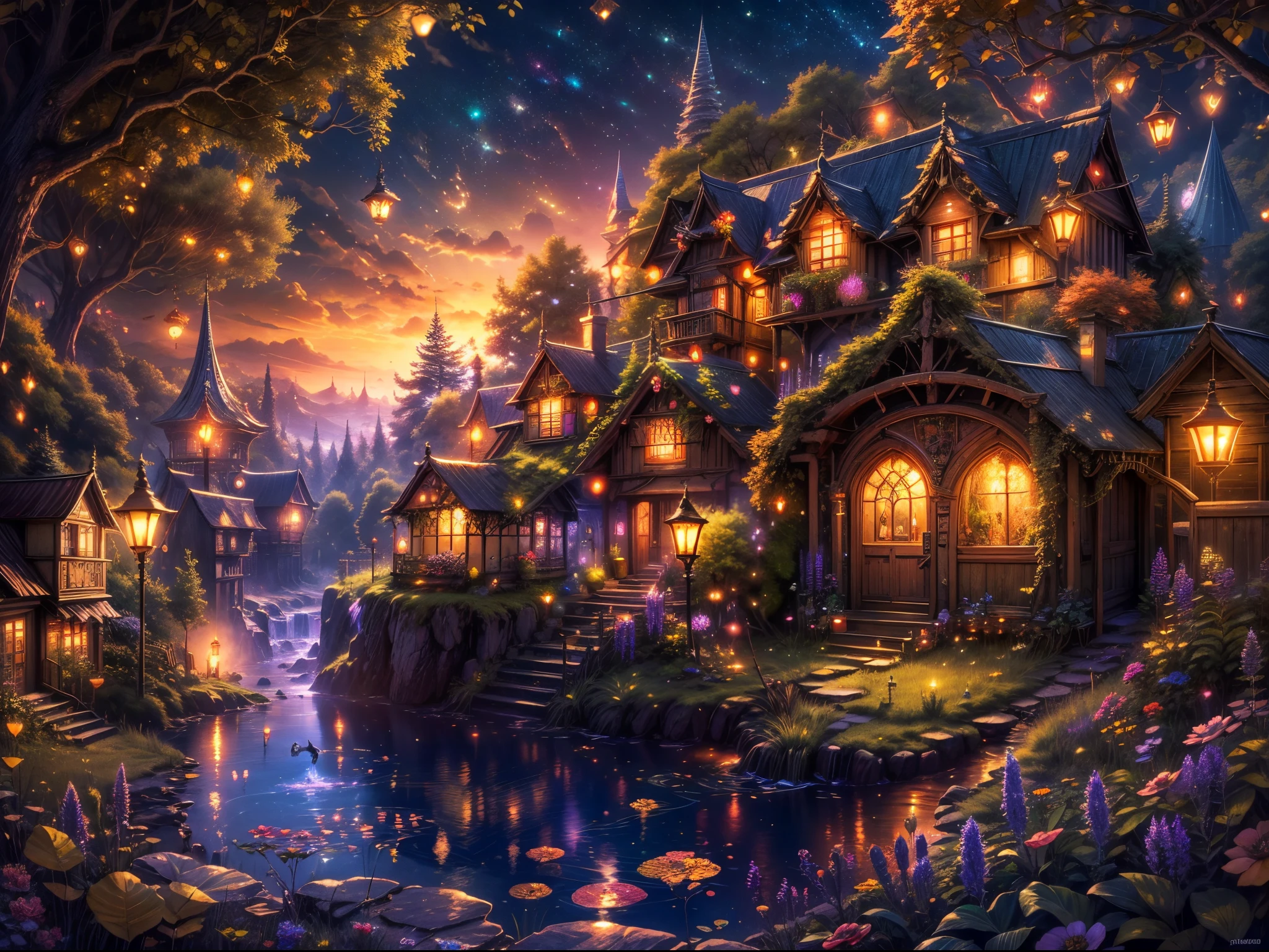 (best quality,4k,8k,highres,masterpiece:1.2),ultra-detailed,(realistic,photorealistic,photo-realistic:1.37),a magical fairy village,colorful mushroom houses,enchanting lights,fluttering butterflies and fireflies,vibrant and vivid colors,fairy tale atmosphere,soft and warm lighting,whimsical and fantastical scenery,detailed textures and patterns,ethereal and mystical ambiance,sparkling and glowing elements,serene and peaceful surroundings,rich and lush vegetation,magical plants and flowers,magical creatures and animals,magical waterfalls and streams,tranquil and clear sky,spellbinding and captivating view,magical moonlit night,magical fog and mist,enchanted sounds of nature,enchanted pathways and walkways,hidden secrets and surprises around every corner,fairy dust and magic in the air,dream-like and surreal atmosphere,enchanting and whimsical music,fairy queen and her royal court,fairy houses decorated with flowers and vines,glowing lanterns and fairy lights,playful and mischievous fairies,dancing and twirling fireflies among the trees,magical reflections in the water,entrancing and mesmerizing energy,peaceful and serene fairy village in the evening light,colorful and lively celebrations and festivals,iridescent and shimmering wings of the fairies,magical potions and spell books,fairy tale characters and stories coming to life,enchanting bridges and arches made of vines and flowers,magical crystals and gemstones,whispering trees and talking animals,sunlit meadows and blooming fields,fantastic and otherworldly architecture,magical fountains and ponds with vibrant fish,harmony and balance in nature,mysterious and alluring atmosphere,enchanted forest surrounding the village,fairy folk and their daily activities,sparkling and twinkling stars in the night sky,fairy blessings and wishes granted,magical gateway to other realms,mystical and ancient tree of wisdom,glimmering and dreamy sunset over the village,