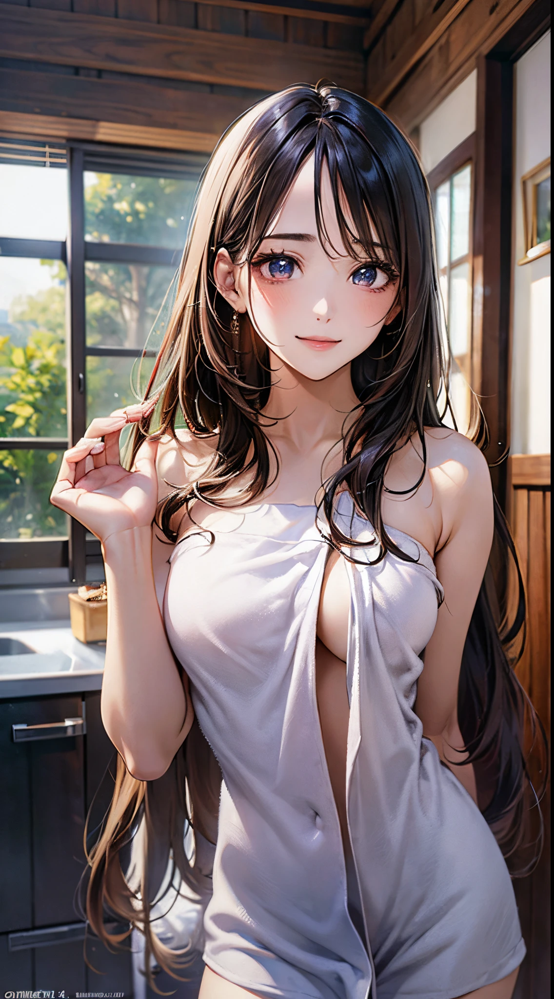 ((((, , perfect anatomy, anatomically correct, super detailed skin)))), 1 girl, japanese, , (detailed ultra-oily shiny skin:1.1), watching the view, (smile:1.2), 
beautiful hair, beautiful face, beautiful detailed eyes, (long hair:1.4, straight hair:1.7), parted bangs:1.5, light brown hair, (large breasts:0.8), 
beautiful clavicle, beautiful body, beautiful chest, beautiful thigh, beautiful legs, beautiful detailed fingers, five fingers, babyface, , ess, bottomless, 
(((naked towel))), 
(beautiful scenery), inside kitchen, walking, standing, 
(8k, top-quality, masterpiece​:1.2, extremely detailed), (photorealistic), beautiful art, visual art, depth of fields, cinematic lighting, ,