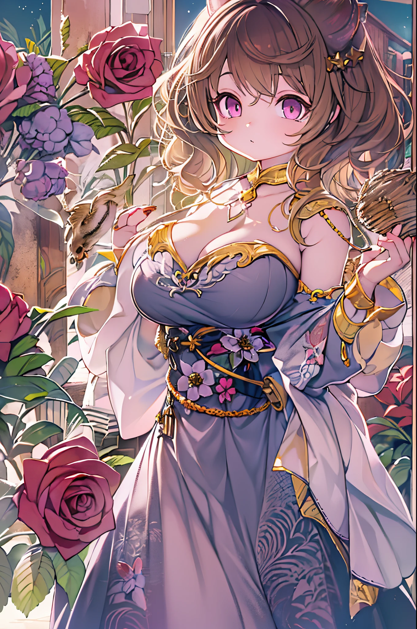 Detailed background, masutepiece, Best Quality, 1 person , Curly hair, Long hair, Purple eyes, Stars in the eyes , Strapless blouse, long  skirt、huge-breasted、Dozen Rose、holding a rose flower