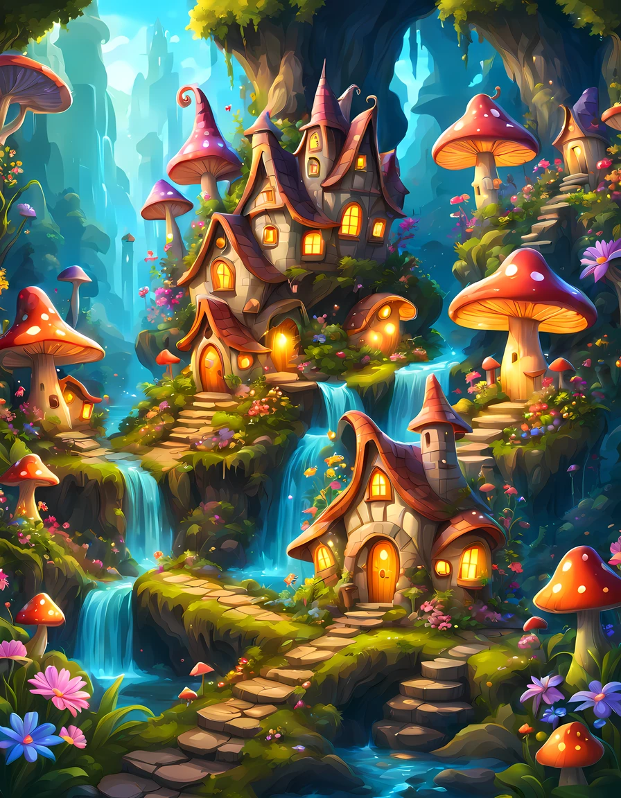 (cute colorful cartoon style:1.3), magical fairy village nestled in a lush enchanted forest, vibrant glowing flowers, whimsical mushroom houses, sparkling cascading waterfalls, ((((fairies)))), More Detail
