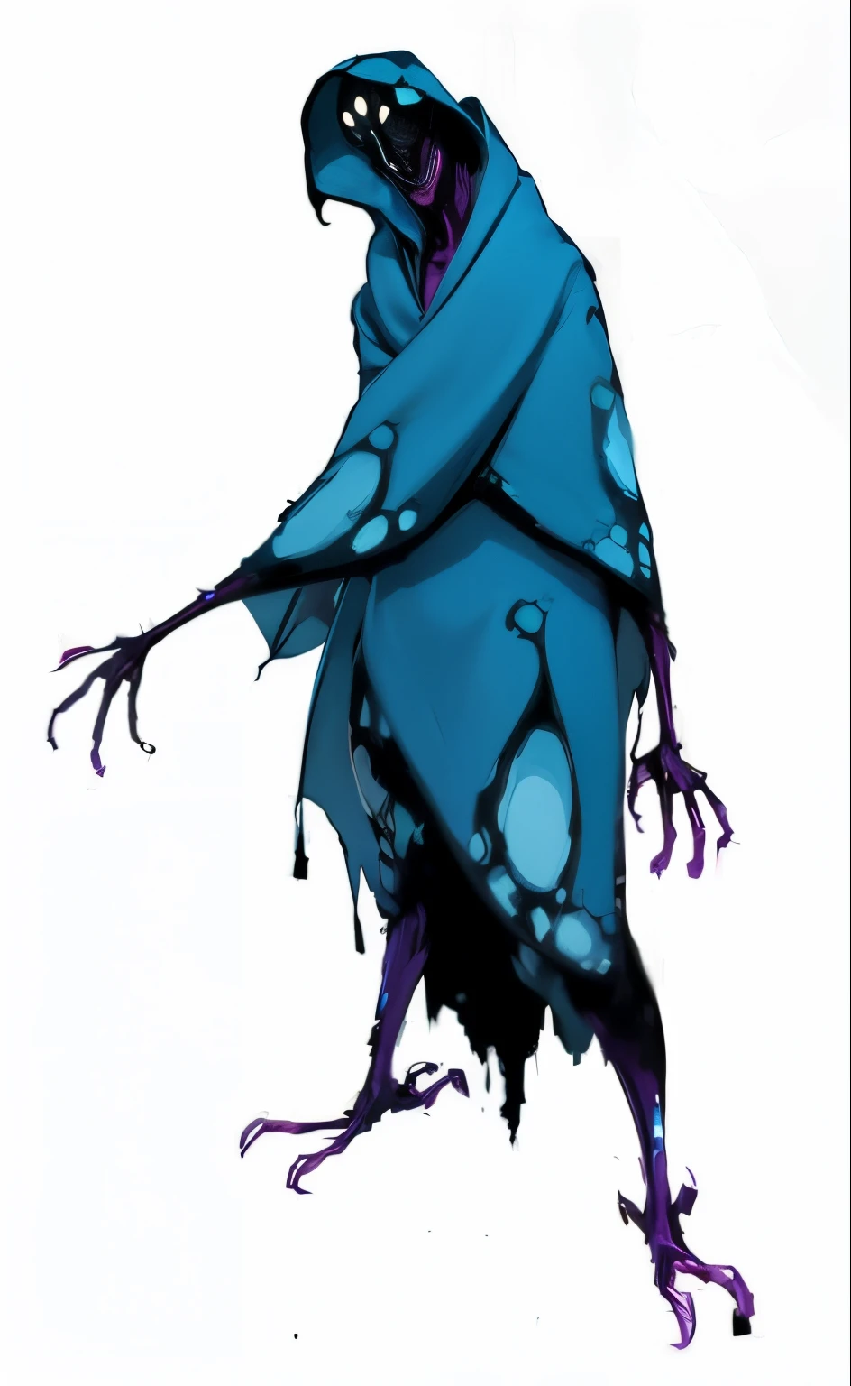 alto, terrifying alien creature with blue skin, a hood covering the head and green eyes, com um manto que parece asas cobrindo seu corpo, ar frio saindo de sua boca
