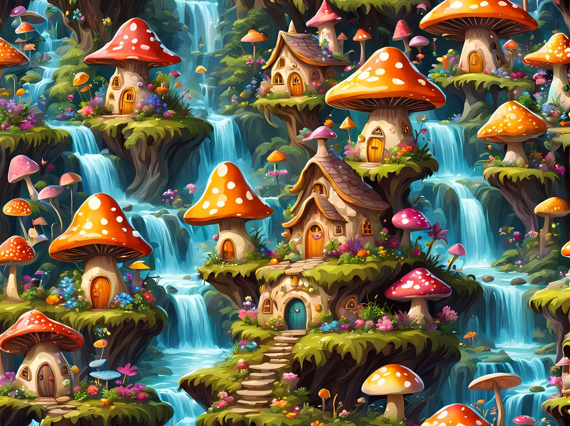 (cute colorful cartoon style:1.3), magical fairy village nestled in a lush enchanted forest, vibrant glowing flowers, whimsical mushroom houses, sparkling cascading waterfalls, ((((fairies)))), More Detail