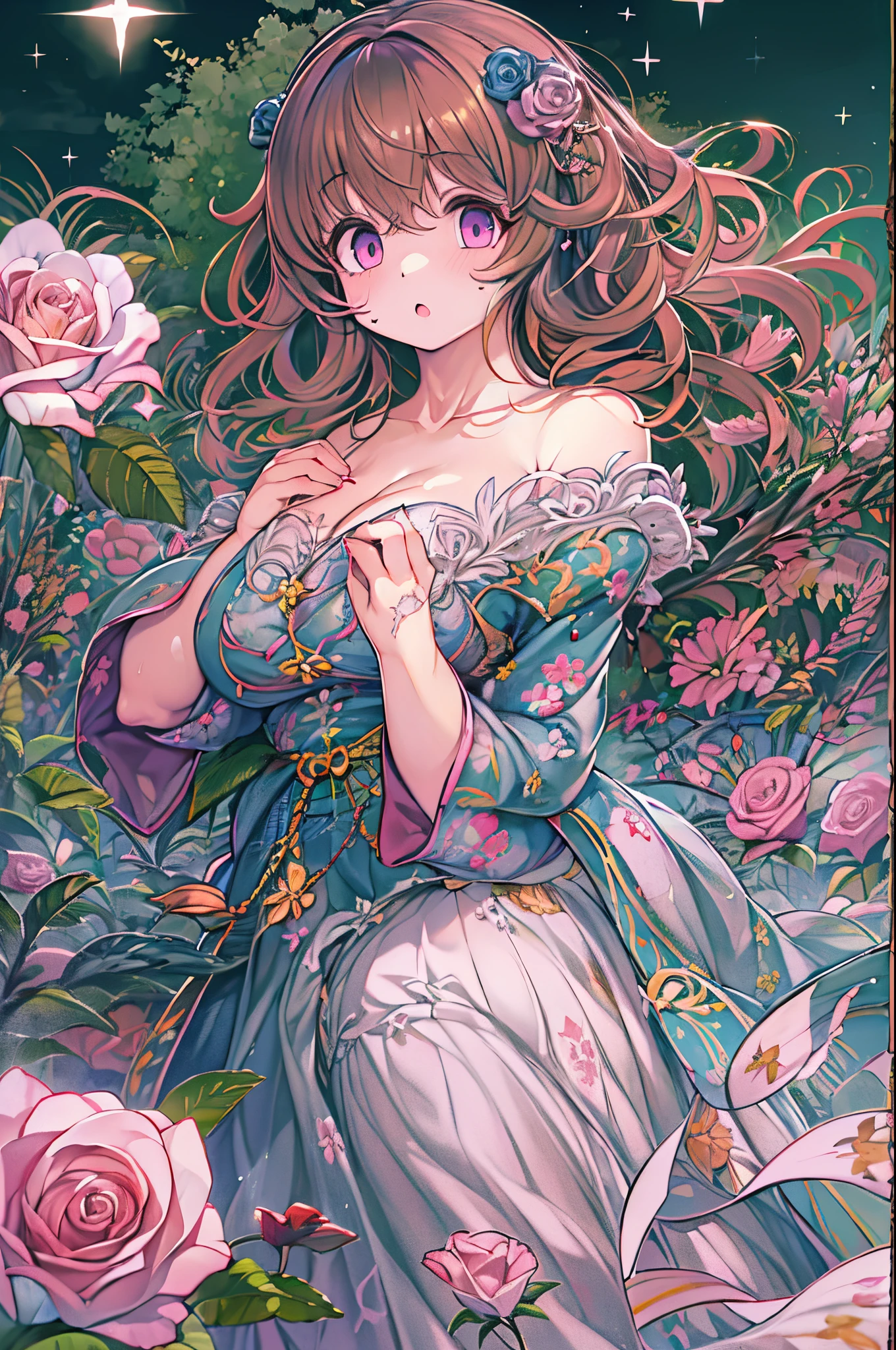 Detailed background, masutepiece, Best Quality, 1 person , Curly hair, Long hair, Purple eyes, Stars in the eyes , Strapless blouse, long skirt、huge-breasted、Dozen Rose、holding a rose flower