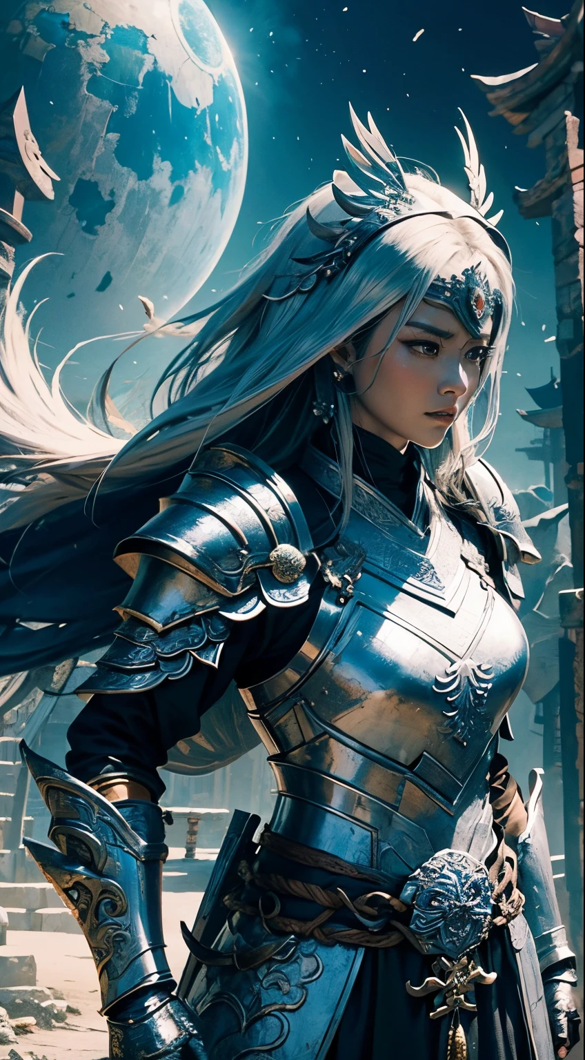 "Silver Armored Chicken Warrior movie clip，Three Kingdoms characters，Zhao Zilong，Exquisite heavy armor gleams under the movie lightechanical armor