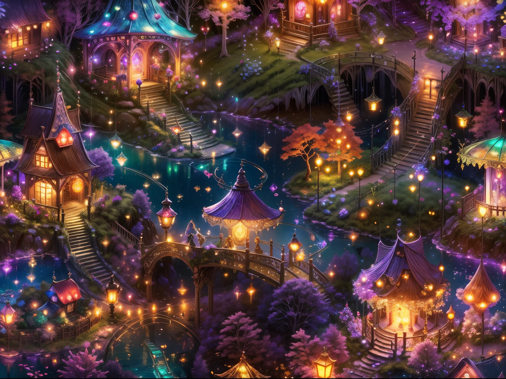 (best quality,4k,8k,highres,masterpiece:1.2),ultra-detailed,(realistic,photorealistic,photo-realistic:1.37), ultra wide angle view a magical fairy village,colorful mushroom houses,enchanting lights,fluttering butterflies and fireflies,vibrant and vivid colors,fairy tale atmosphere,soft and warm lighting,whimsical and fantastical scenery,detailed textures and patterns,ethereal and mystical ambiance,sparkling and glowing elements,serene and peaceful surroundings,rich and lush vegetation,magical plants and flowers,magical creatures and animals,magical waterfalls and streams,tranquil and clear sky,spellbinding and captivating view,magical moonlit night,magical fog and mist,enchanted sounds of nature,enchanted pathways and walkways,hidden secrets and surprises around every corner,fairy dust and magic in the air,dream-like and surreal atmosphere,enchanting and whimsical music,fairy queen and her royal court,fairy houses decorated with flowers and vines,glowing lanterns and fairy lights,playful and mischievous fairies,dancing and twirling fireflies among the trees,magical reflections in the water,entrancing and mesmerizing energy,peaceful and serene fairy village in the evening light,colorful and lively celebrations and festivals,iridescent and shimmering wings of the fairies,magical potions and spell books,fairy tale characters and stories coming to life,enchanting bridges and arches made of vines and flowers,magical crystals and gemstones,whispering trees and talking animals,sunlit meadows and blooming fields,fantastic and otherworldly architecture,magical fountains and ponds with vibrant fish,harmony and balance in nature,mysterious and alluring atmosphere,enchanted forest surrounding the village,fairy folk and their daily activities,sparkling and twinkling stars in the night sky,fairy blessings and wishes granted,magical gateway to other realms,mystical and ancient tree of wisdom,glimmering and dreamy sunset over the village,