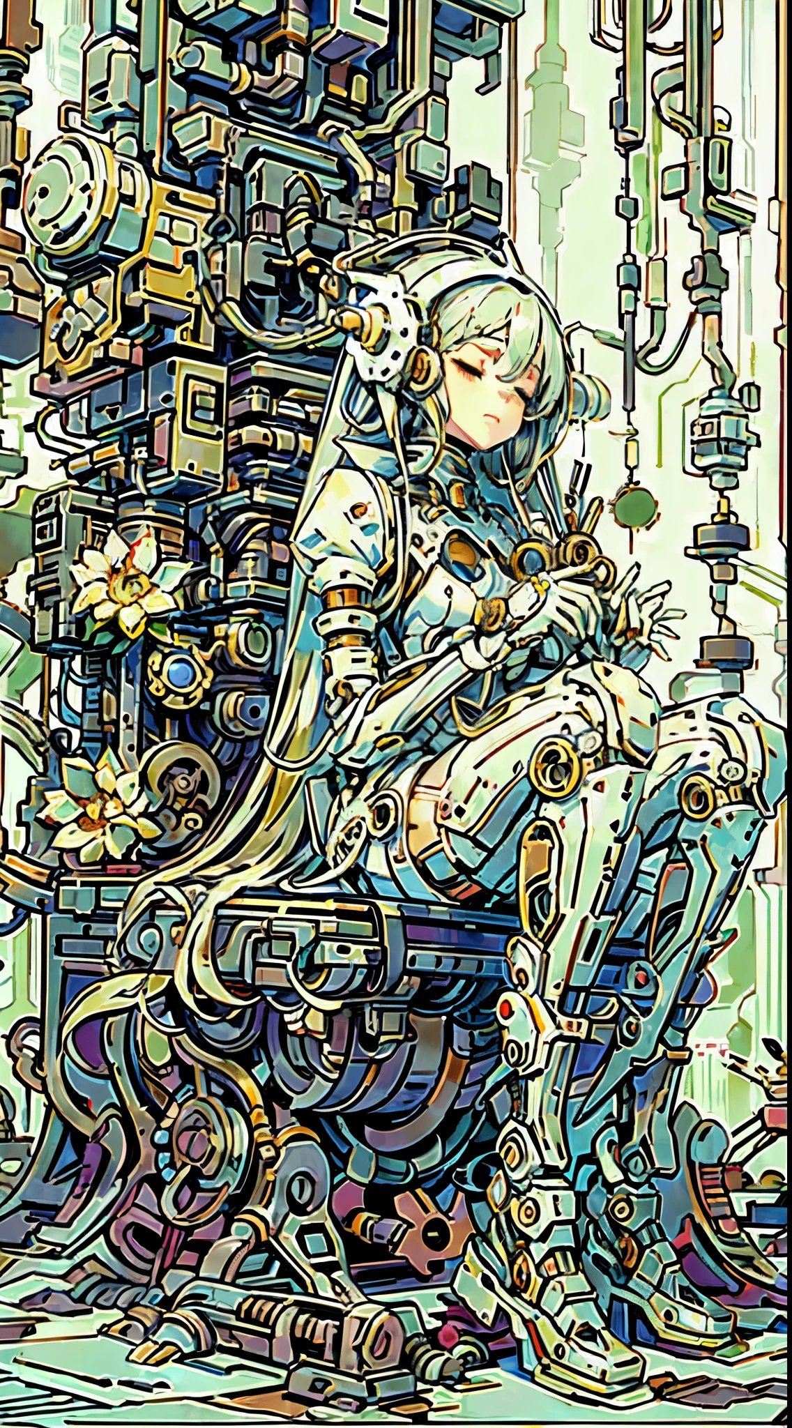 Mechanical anime girl dolls, prosthetic bodies, prosthetic limbs, cables, sleep covered by plants, peace, solemn death, degraded time and space, rainfall, carbonated surfaces, and flowers blooming to fill the gaps.