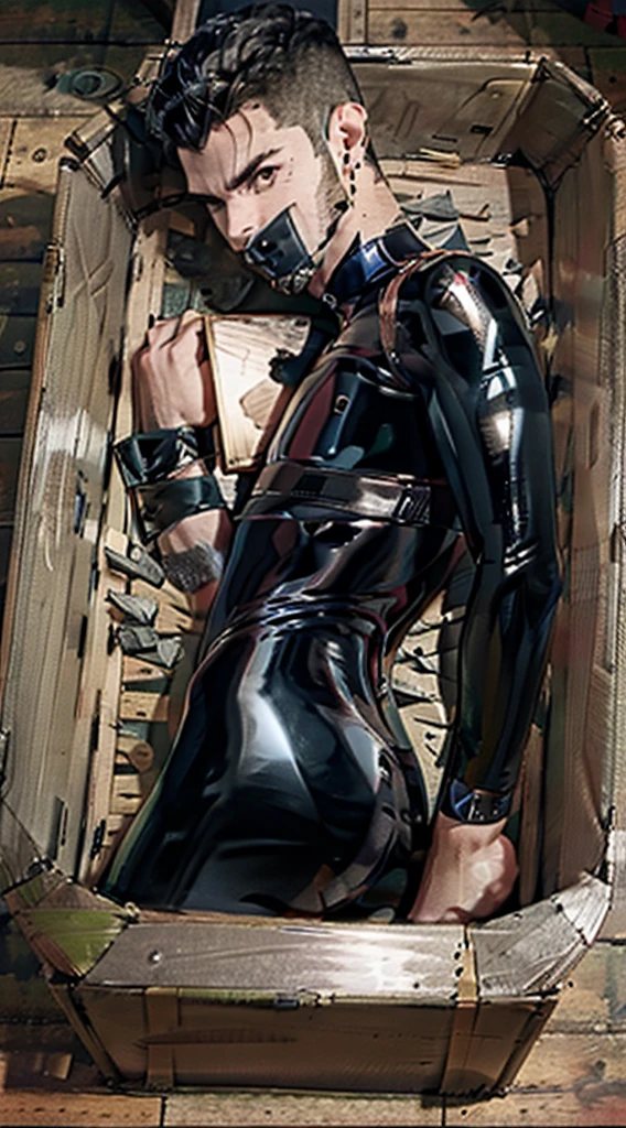 Male in latex bodysuit with tape mouth gag , tight ass, fetal position in box