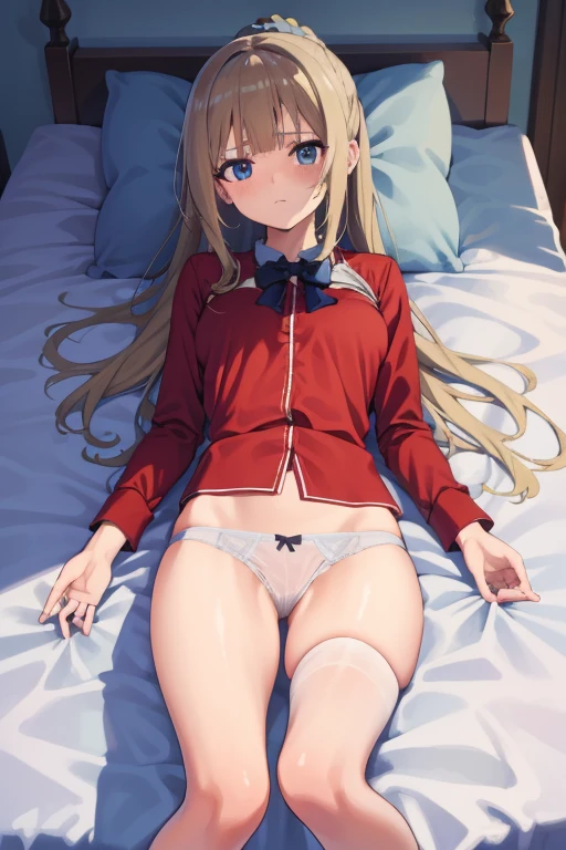 (Masterpiece, Photorealistic, high resolution), ((1girll):1.2), (Masterpiece, Photorealistic, high resolution), ((1girll):1.2), a age girl (Loose Red shirt, Laces panty (medium of breast):1.2, thighs), on top of the bed, lie on the bed, Cute or adorable kids laces panties, visible panty lines, Pants are Wet, stockings, tears in eyes
