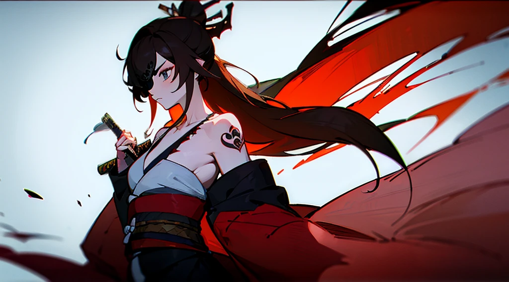 A girl wearing a Japanese kimono,bshoulders,Tattooed with,brunette color hair,Long hair tied back,黑The eye,The expression cold,The right hand holds a very long katana,There a tuft of flint hair around the waist,masterpiece,Best quality at best,k hd,reasonable action
