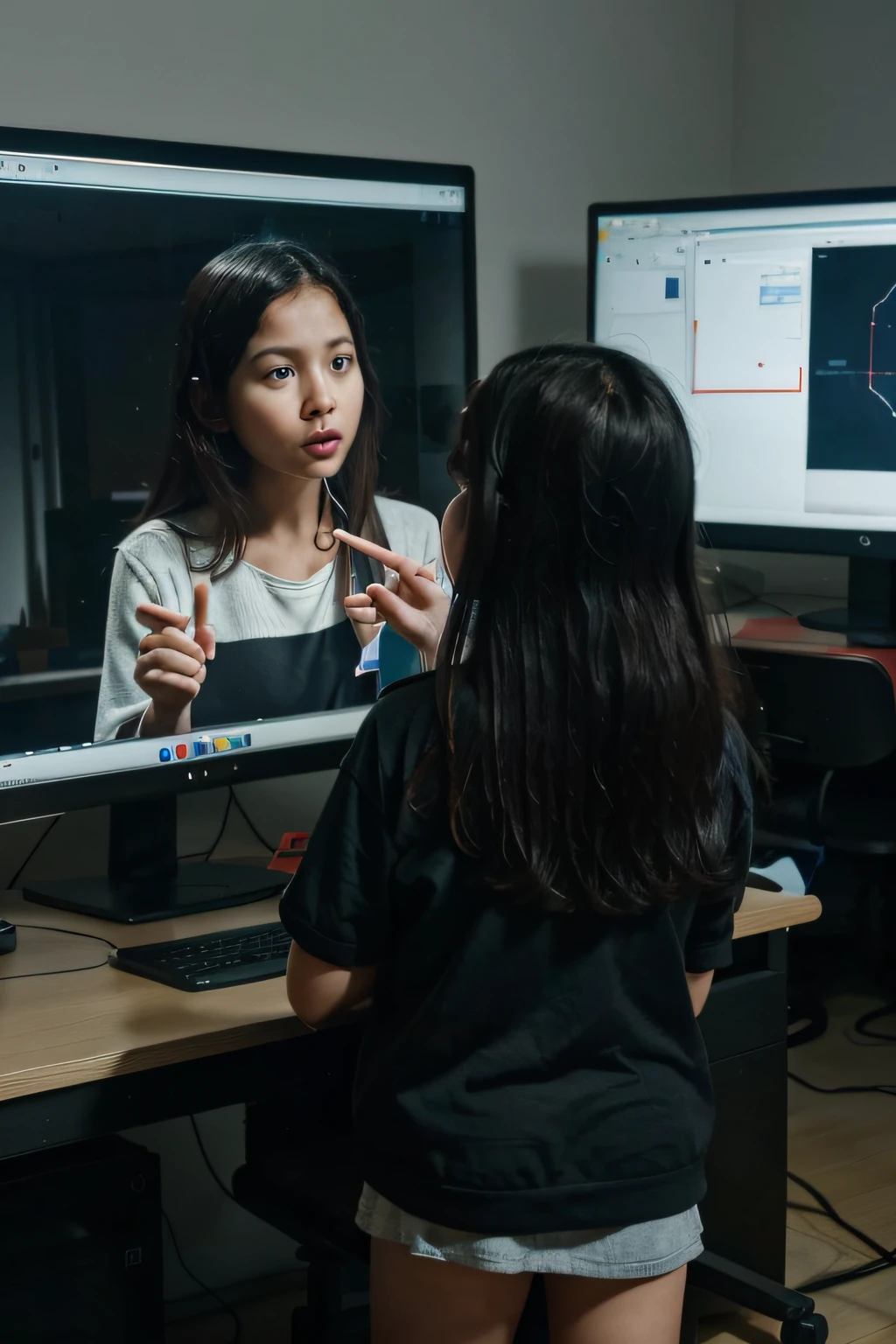 Children in the room have a dialogue with the AI on a large monitor around other monitors with neural networks.. Nearby is a teacher with a pointer.