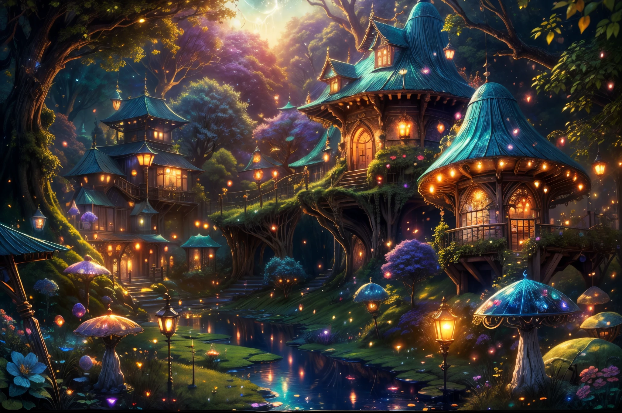 (best quality,4k,8k,highres,masterpiece:1.2),ultra-detailed,(realistic,photorealistic,photo-realistic:1.37), ultra wide angle view a magical fairy village,colorful mushroom houses,enchanting lights,fluttering butterflies and fireflies,vibrant and vivid colors,fairy tale atmosphere,soft and warm lighting,whimsical and fantastical scenery,detailed textures and patterns,ethereal and mystical ambiance,sparkling and glowing elements,serene and peaceful surroundings,rich and lush vegetation,magical plants and flowers,magical creatures and animals,magical waterfalls and streams,tranquil and clear sky,spellbinding and captivating view,magical moonlit night,magical fog and mist,enchanted sounds of nature,enchanted pathways and walkways,hidden secrets and surprises around every corner,fairy dust and magic in the air,dream-like and surreal atmosphere,enchanting and whimsical music,fairy queen and her royal court,fairy houses decorated with flowers and vines,glowing lanterns and fairy lights,playful and mischievous fairies,dancing and twirling fireflies among the trees,magical reflections in the water,entrancing and mesmerizing energy,peaceful and serene fairy village in the evening light,colorful and lively celebrations and festivals,iridescent and shimmering wings of the fairies,magical potions and spell books,fairy tale characters and stories coming to life,enchanting bridges and arches made of vines and flowers,magical crystals and gemstones,whispering trees and talking animals,sunlit meadows and blooming fields,fantastic and otherworldly architecture,magical fountains and ponds with vibrant fish,harmony and balance in nature,mysterious and alluring atmosphere,enchanted forest surrounding the village,fairy folk and their daily activities,sparkling and twinkling stars in the night sky,fairy blessings and wishes granted,magical gateway to other realms,mystical and ancient tree of wisdom,glimmering and dreamy sunset over the village,