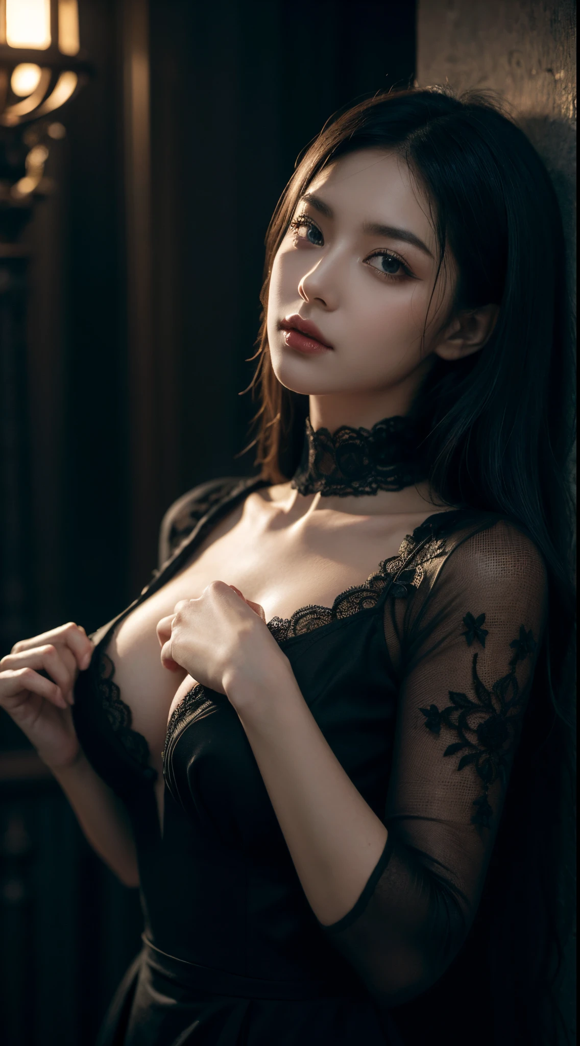 Infuse sensual allure into the depiction of a stunning woman immersed in a gothic theme. Envision her in a seductive pose, surrounded by atmospheric lighting, shadowy details, and intricately expressive facial features. Emphasize the dark allure with elements like sensual gothic attire, moody cinematic lighting, and captivating eyes. Use techniques such as depth of field and subtle contrast to heighten the sensual and dramatic atmosphere. Describe her clothing with a touch of seductive elegance, incorporating details like lace, flowing fabrics, and alluring accessories. Craft a composition that seamlessly blends beauty with the seductive charm of the gothic theme.