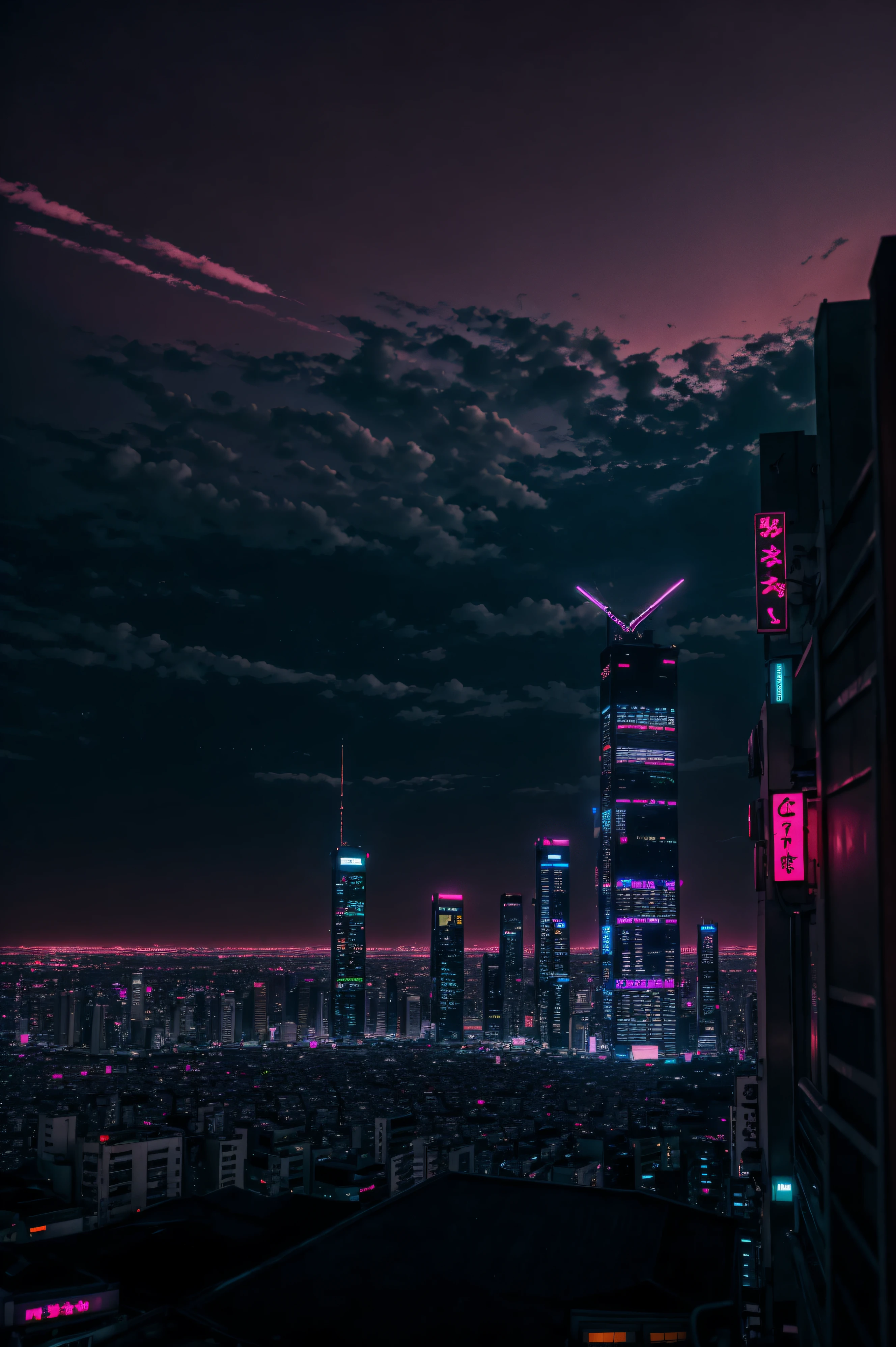 neo tokyo landscape, cinematic, night city, pinkish sky, deserted