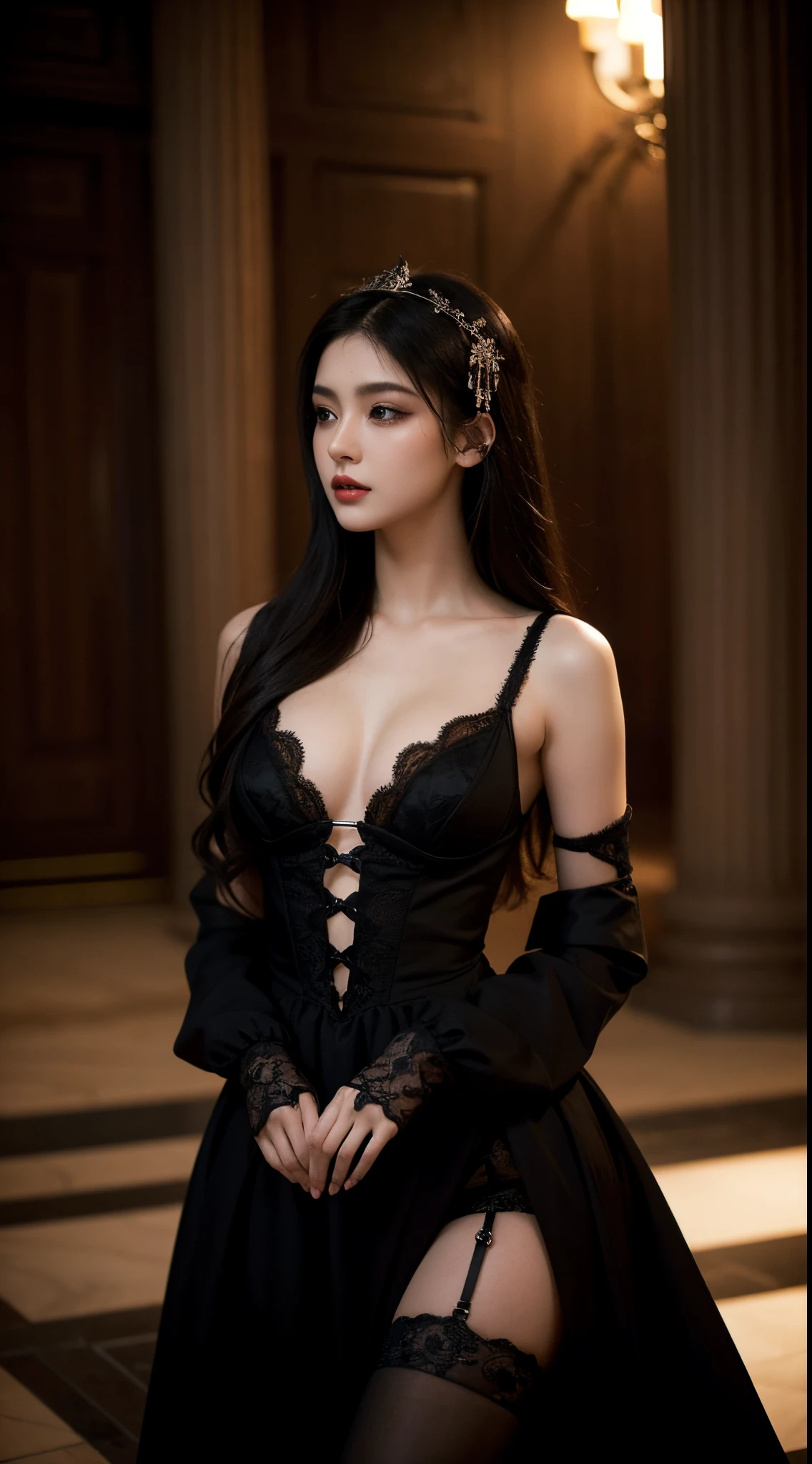 Infuse sensual allure into the depiction of a stunning woman immersed in a gothic theme. Envision her in a  pose, surrounded by atmospheric lighting, shadowy details, and intricately expressive facial features. Emphasize the dark allure with elements like sensual gothic attire, moody cinematic lighting, and captivating eyes. Use techniques such as depth of field and subtle contrast to heighten the sensual and dramatic atmosphere. Describe her clothing with a touch of  elegance, incorporating details like lace, flowing fabrics, and alluring accessories. Craft a composition that seamlessly blends beauty with the  charm of the gothic theme.