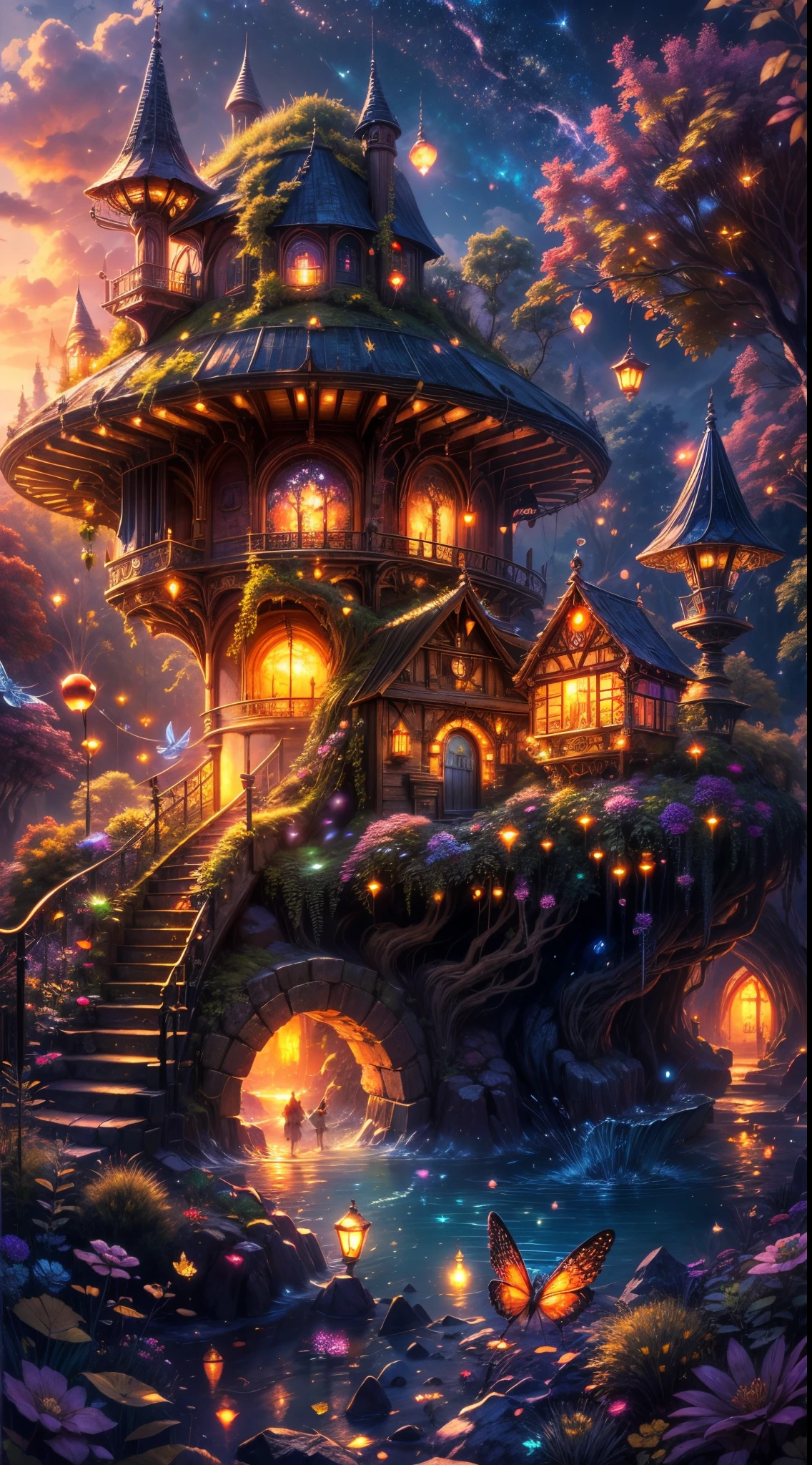 (best quality,4k,8k,highres,masterpiece:1.2),ultra-detailed,(realistic,photorealistic,photo-realistic:1.37), ultra wide angle view a magical fairy village,colorful mushroom houses,enchanting lights,fluttering butterflies and fireflies,vibrant and vivid colors,fairy tale atmosphere,soft and warm lighting,whimsical and fantastical scenery,detailed textures and patterns,ethereal and mystical ambiance,sparkling and glowing elements,serene and peaceful surroundings,rich and lush vegetation,magical plants and flowers,magical creatures and animals,magical waterfalls and streams,tranquil and clear sky,spellbinding and captivating view,magical moonlit night,magical fog and mist,enchanted sounds of nature,enchanted pathways and walkways,hidden secrets and surprises around every corner,fairy dust and magic in the air,dream-like and surreal atmosphere,enchanting and whimsical music,fairy queen and her royal court,fairy houses decorated with flowers and vines,glowing lanterns and fairy lights,playful and mischievous fairies,dancing and twirling fireflies among the trees,magical reflections in the water,entrancing and mesmerizing energy,peaceful and serene fairy village in the evening light,colorful and lively celebrations and festivals,iridescent and shimmering wings of the fairies,magical potions and spell books,fairy tale characters and stories coming to life,enchanting bridges and arches made of vines and flowers,magical crystals and gemstones,whispering trees and talking animals,sunlit meadows and blooming fields,fantastic and otherworldly architecture,magical fountains and ponds with vibrant fish,harmony and balance in nature,mysterious and alluring atmosphere,enchanted forest surrounding the village,fairy folk and their daily activities,sparkling and twinkling stars in the night sky,fairy blessings and wishes granted,magical gateway to other realms,mystical and ancient tree of wisdom,glimmering and dreamy sunset over the village,