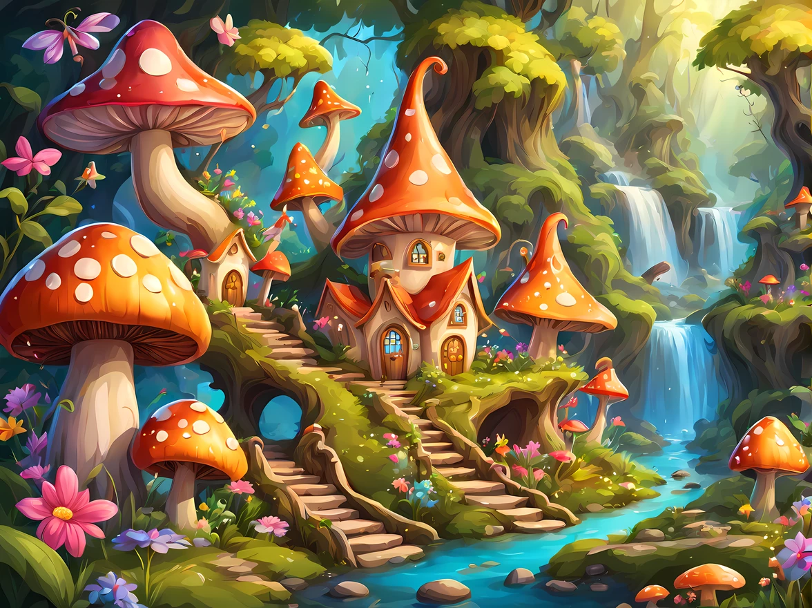 (cute colorful cartoon style:1.3), magical fairy village nestled in a lush enchanted forest, vibrant glowing flowers, whimsical mushroom houses, sparkling cascading waterfalls, ((((fairies)))), More Detail