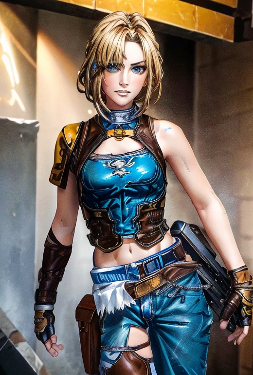 Masterpiece , 1FEMALE , tall , solo , short blonde hair with brown roots showing , blue eyes , wearing a brown leather jacket with a white shirt underneath , dark blue jeans , tall black boots , black fingerless gloves , silver necklace with a yellow crystal attached to it , chest straps , gun holder on left thigh , looking at the viewer