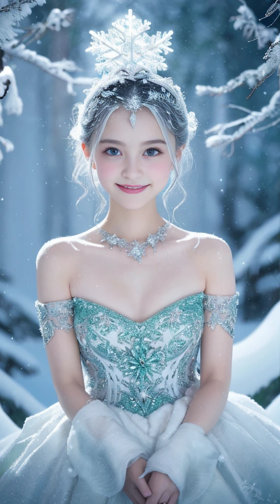 Best Quality, Ultra-detailed, Realistic:1.37, White snow, Princess, A landscape where snow is falling abundantly in the snowy, wilderness, with emerald-colored snowflakes twinkling in the air, pure princess, fairy tale stage, Magical atmosphere, storybook illustration, Mystical elements, Dark and light contrast, reflection, malice, magical forest creatures, sparkling stars, Mystical charm, (((Snowy landscape))), mirror shard, royal silver tiara, (Delicate snowflakes), Innocent beauty, mesmerizing eyes, Eerie sounding, Eerie silence, surreal compositions, (Dramatic Lighting), Fantasy Realm, Golden accent, Forbidden desires, Breathtaking details, Glass-like surface, magical transformation, cold stare, Undeservedly beautiful, Vibrant colors, Full body, Princess, 1 girl, , a baby face, w, I keep my hair up and short, ((A smile)), Off shoulder bare, Elegant gown, Detailed crystals and silver decorations, voluminous emerald dress, Shot from directly above, Looking at the camera,