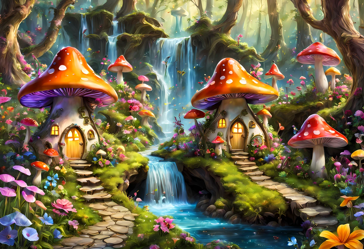 (cute colorful cartoon style:1.3), magical fairy village nestled in a lush enchanted forest, vibrant glowing flowers, whimsical mushroom houses, sparkling cascading waterfalls, ((((fairies)))), More Detail