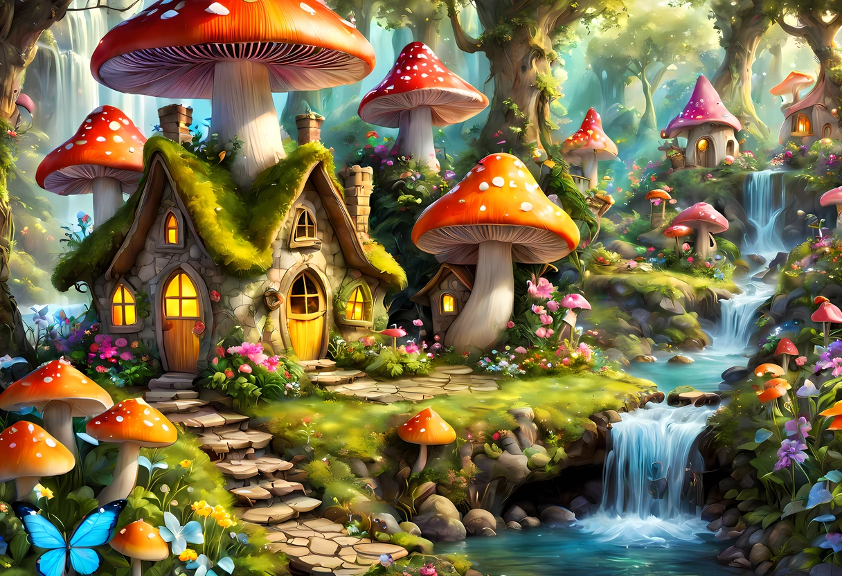 (cute colorful cartoon style:1.3), magical fairy village nestled in a lush enchanted forest, vibrant glowing flowers, whimsical mushroom houses, sparkling cascading waterfalls, ((((fairies)))), More Detail