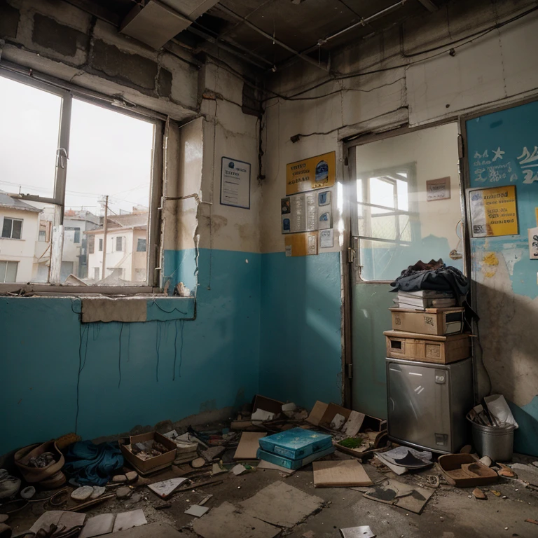 photographs of a school board with post-apocalyptic scribbles made by survivors using white chalk. The graffiti, text, and symbols should reflect the post-apocalyptic theme,