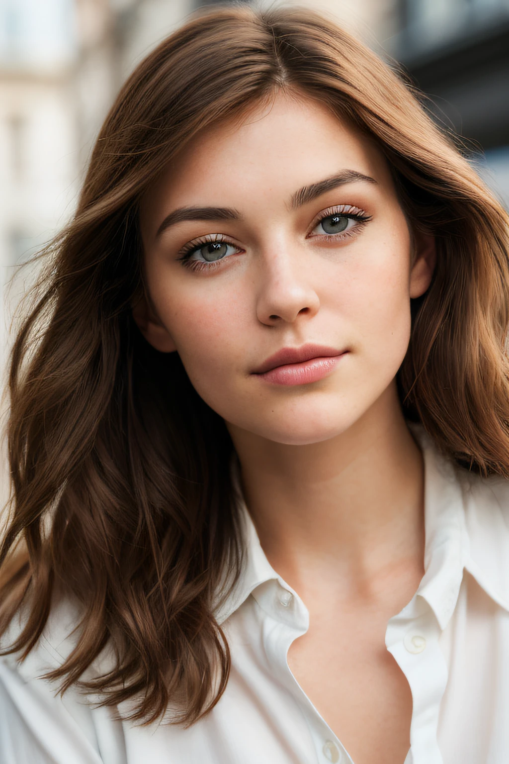 portrait of an brunette woman in copenhagen, clear facial features, Cinematic, 50mm lens, f/1.4, accent lighting, global illumination --uplight --v 4 approachable face with warm, inviting eyes, and short, neatly-styled brown hair that frames her face elegantly. big lips