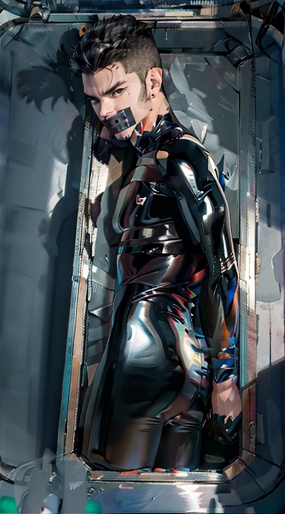 Male in latex bodysuit with tape mouth gag , tight ass, fetal position in box