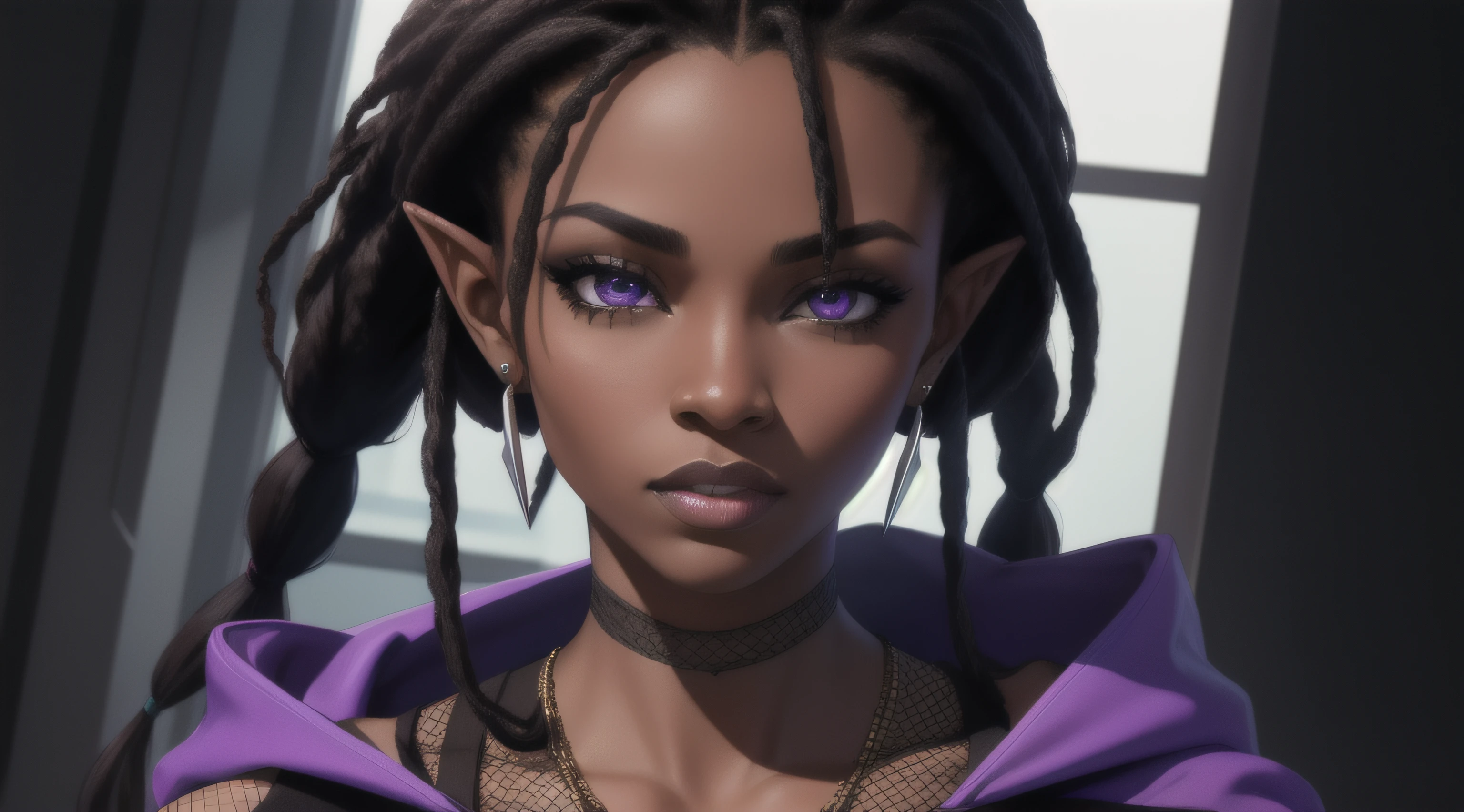 Portrait of an (African-American) female, with dark black (dreadlocks), purple eyes, (dark brown skin), pointed ears, (slutty assassin), (fishnet) sexy sith robes, (lust) demon, perfect composition, hyper-detailed, 8K, high quality, (perfect eyes), trending art, sharp focus, studio photo, intricate details, quality pose