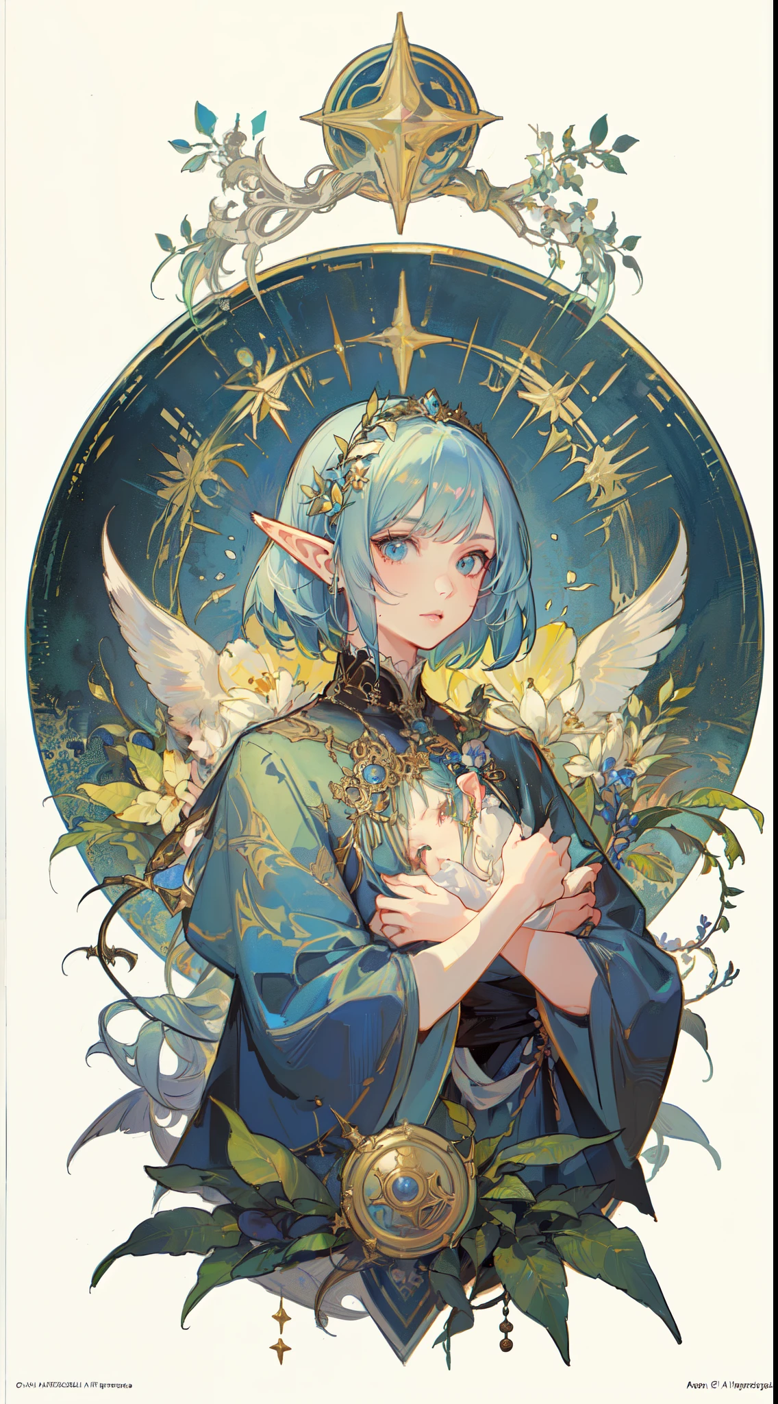 (masterpiece, top quality, best quality, official art, beautiful and aesthetic:1.2), elf), (1girl), Bob cut hair,bangs, extreme detailed,(fractal art:1.3),colorful,highest detailed, style art by Artgerm, by Alphonse mucha, by Kawacy