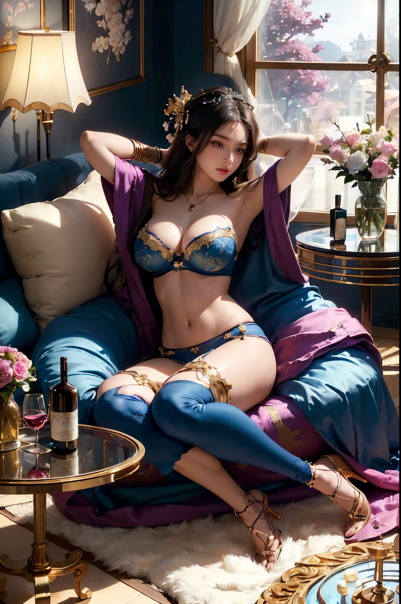 (beautifull lady with very large gigantic round fake breast, wearing luxurious kimono, sit on luxury chair spread her legs, (hand behind head),(luxury pillow), (luxury blanket), (window with luxury frame), (luxury flower vase), (luxury small table and glass of wine), (luxury lamp), (luxury parfume bottle), (luxury ornament on the wall), (blue strapless bra), (luxury high heels), (luxury crown), (show cleaveage), (show underboobs) , (show sideboobs), (show thigh), (gigantic breast:1,9), beautifull face, beautifull eyes, beautifull nose, sexy lips, raytracing, nsfw, beautifull fingers, beautifull hands, sexy belly, , sexy shoulders, sexy legs, sexy hips, (luxury bracelet), (luxury ring), (luxury necklace), white skin, (4 fingers in 1 hand), full body picture, pretty makeup, good lighting, realistic shadow, professional photography, blue and gold color scheme, 2k resolution, perfect anatomy, nsfw, (masterpiece, best quality:1.2),(8k,highres,RAW photo,realistic,photo-realistic:1.3),(detailed skin texture,detailed cloth texture,beautiful detailed face:1.25),professional lighting,photon mapping,beautiful soft light,radiosity,physically-based rendering,raytracing, model shoot style, model shoot style, (extremely detailed CG unity 8k wallpaper), full shot body photo of the most beautiful
artwork in the world,