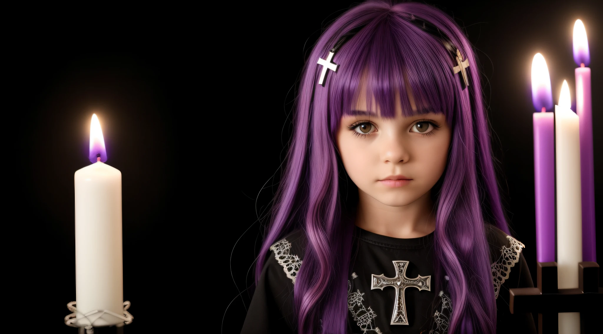 PURPLE HAIR KIDS CABELO LONGO, Gothic cross, cruz, CROSSES WITH LIT CANDLES in hand.