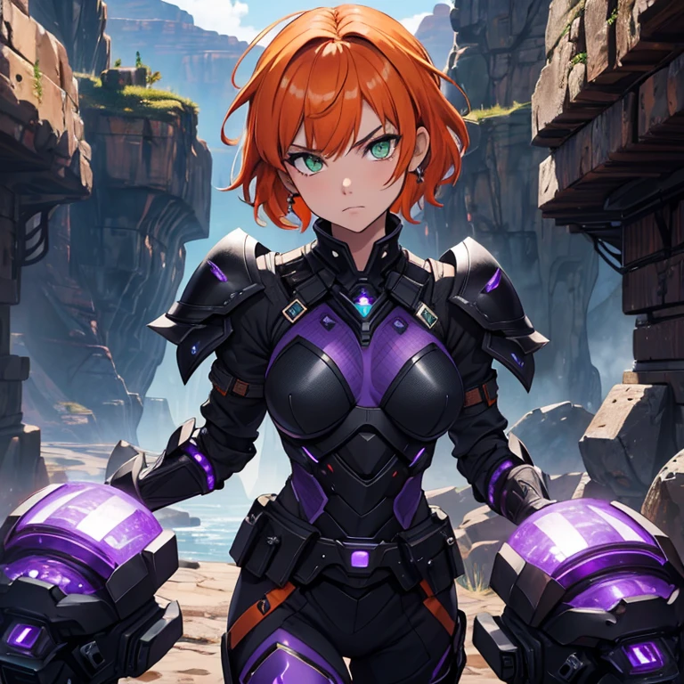 master piece, 8k, girl, orange hair, short hair, green eyes, serious and courageous face, black obsidian armor with purple sapphire encrusted, punch position, gran canyon scenario.