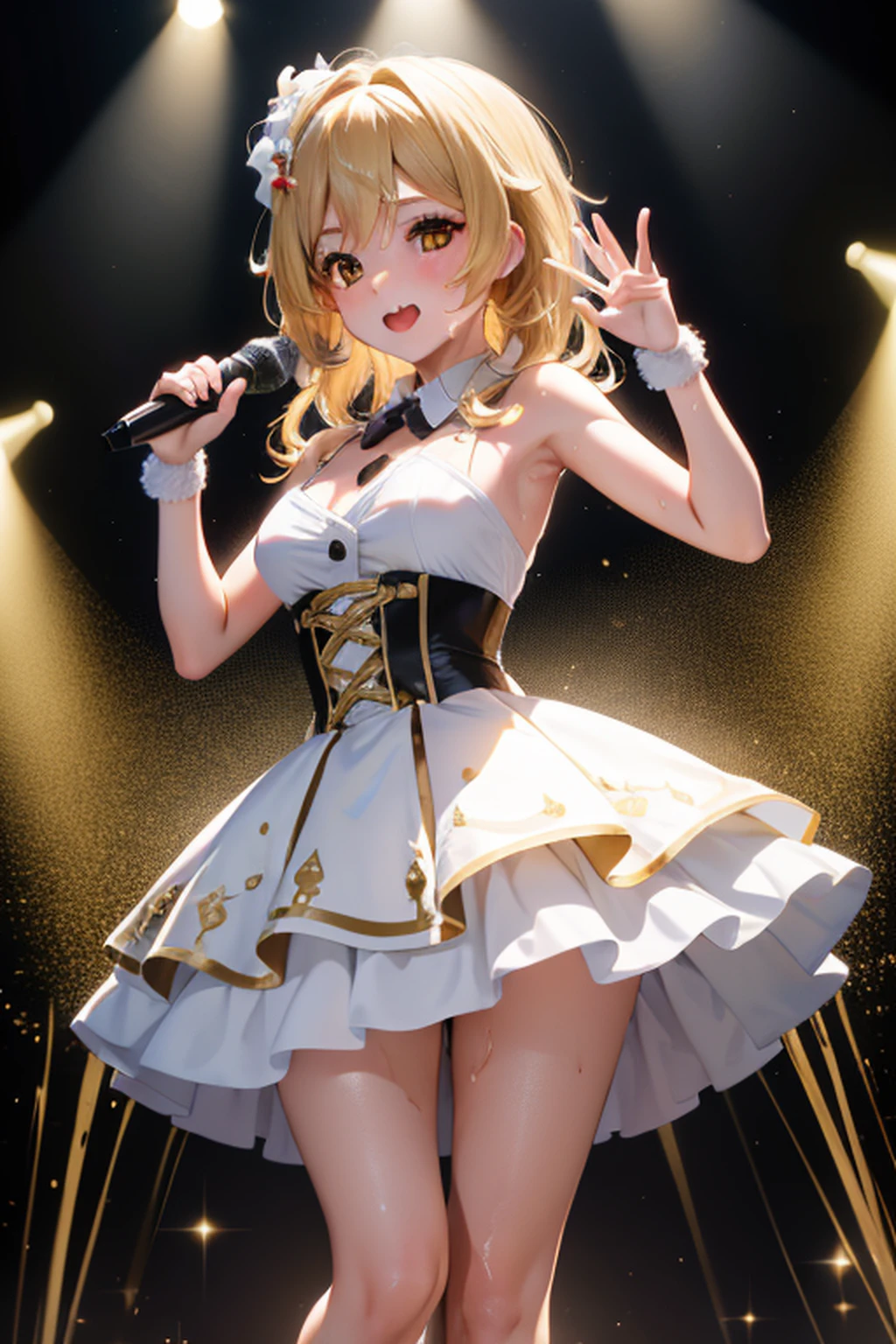 Singing and dancing on stage, idolmaster, s de corpo inteiro, peito grande, vestido saia com babados branco e preto e dourado, segurando o microfone, sweating, olhar feliz, cara vermelha, Parece divertido, corpo molhado e pingando, .