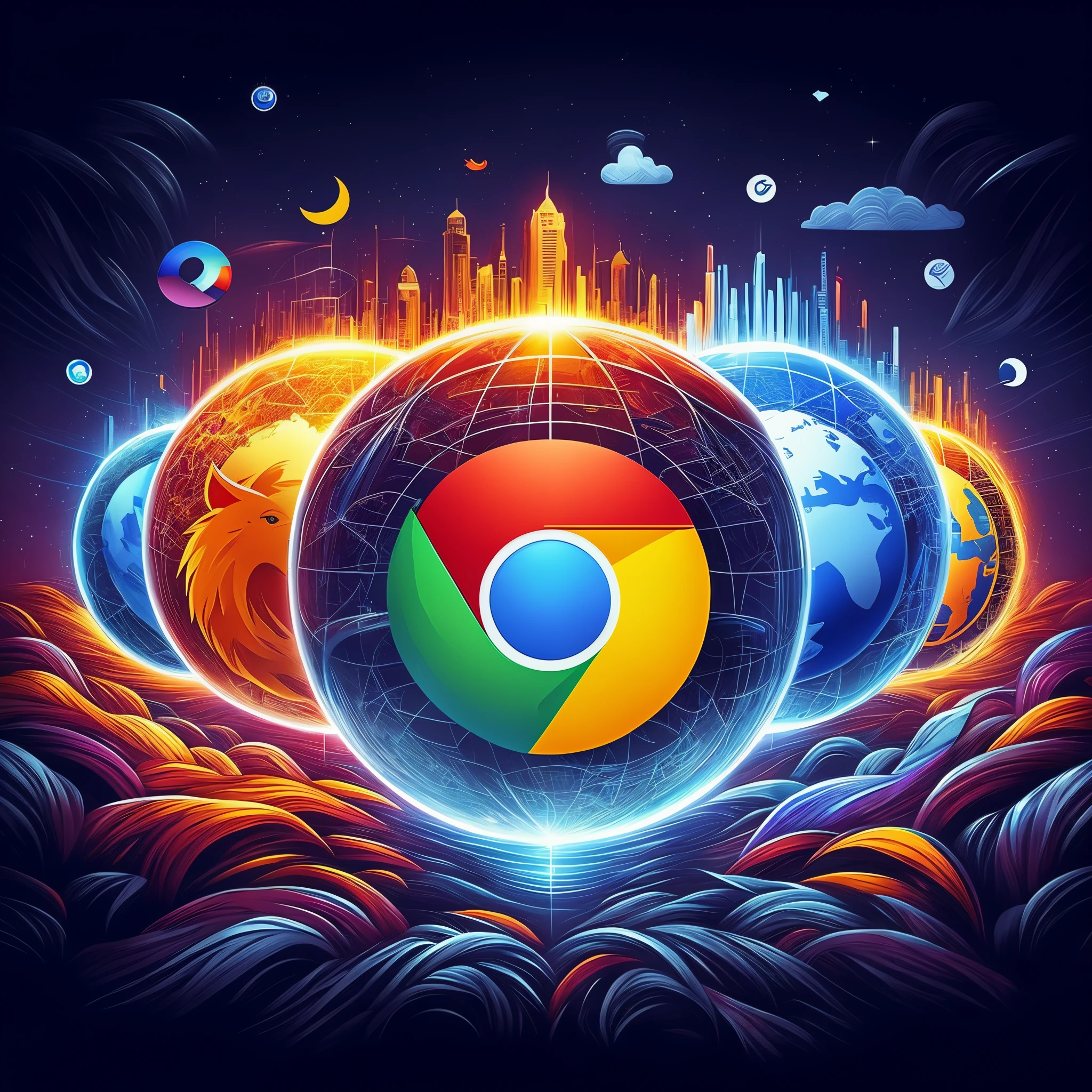 a colorful illustration of a globe with a chrome logo, cromar, Arte do Chrome, Chrome vortex, pele cromada, webgl render, Directed by: Mario Dubsky, Google, ponto de vista do Google, ecktocromar, Kodackcromar, triadic chrome shading, Directed by: Ignacio Zuloaga, Directed by: Nicholas Marsicano, Reflexo cromado, navegadores de internet Google Chrome, Brave, Firefox, Microssoft Edge