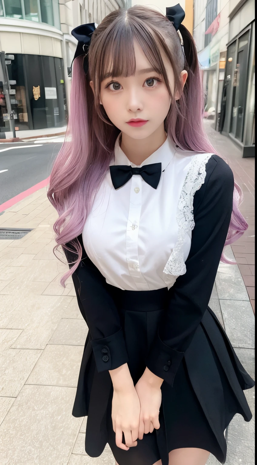 quality, hiqcgbody, extremely cute face, extremely detailed eyes, extremely detailed hair, extremely cute, extremely beautiful
BREAK
1girl, beauty face, cute, kawaii, big eyes
(Pale skin, white skin:1.2), (purple eyes:1.2)
20 years old, short stature, narrow waist
short hair, pastel pink hair, twintails, curly hair, (swept bangs:1.3), sidelocks, hair ribbon, black ribbon, lace ribbon, lace trim
Red eyeshadow, pink lips
BREAK
pink shirt, , jirai kei, black skirt, high-waist skirt, black bow, bow, long sleeves, choker, ribbon
zip side combat boots
(pink blouse with lace:1.2)
black tie ribbon
lace-trimmed legwear
black thighhighs
zettai ryouiki
BREAK
outdoors, street, shibuya 109
Break
{evil smile|evil grin}