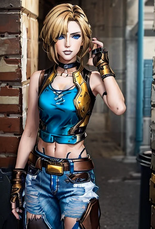 Masterpiece , 1FEMALE , solo , short blonde hair with brown ombré , blue eyes , wearing a brown leather jacket with a white shirt underneath , dark blue jeans , tall black boots , black fingerless gloves , silver necklace with a yellow crystal attached to it , chest straps , gun holder on left thigh , looking at the viewer