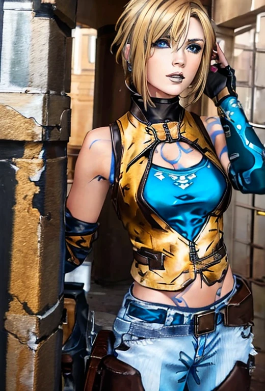 Masterpiece , 1FEMALE , solo , short blonde hair with brown ombré , blue eyes , wearing a brown leather jacket with a white shirt underneath , dark blue jeans , tall black boots , black fingerless gloves , silver necklace with a yellow crystal attached to it , chest straps , gun holder on left thigh , looking at the viewer
